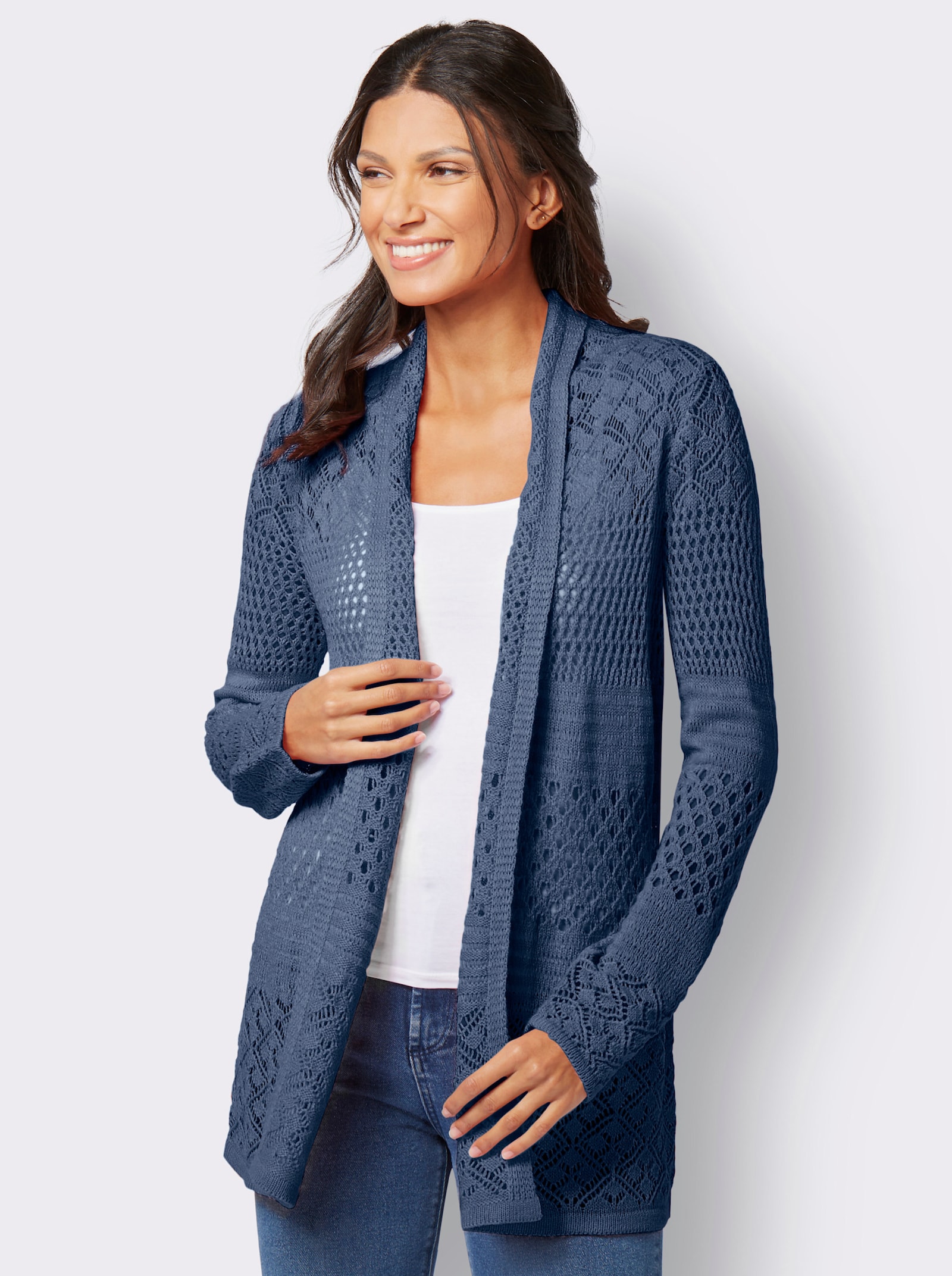 Ajourstrickjacke in langer, offener Form - jeansblau