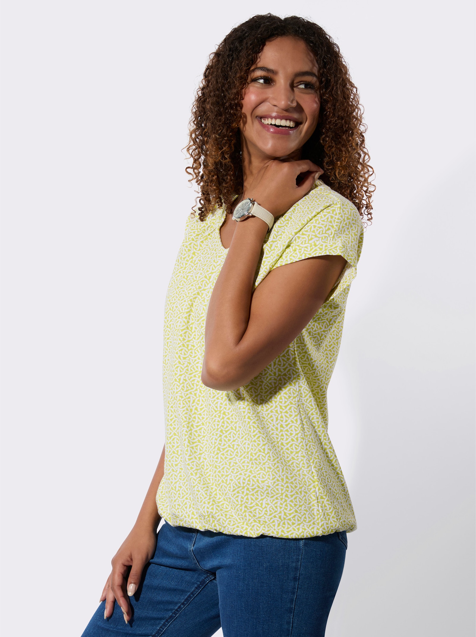 Kurzarmshirt mit kleinen Raffungen - limone-ecru-bedruckt