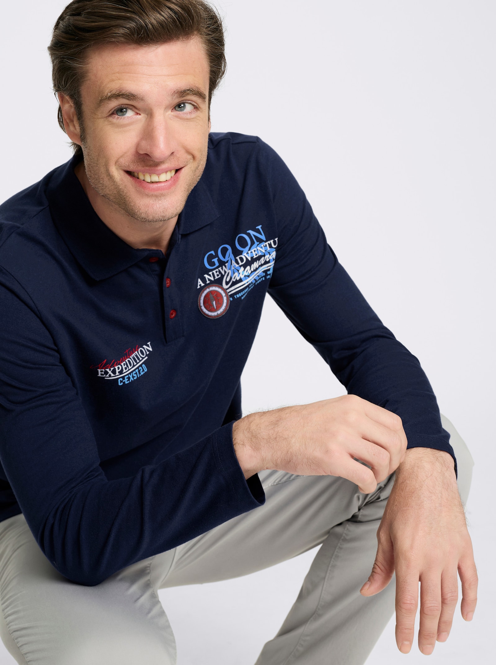 Catamaran Langarm-Poloshirt - marine-bedruckt