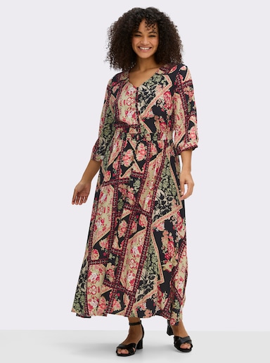 sheego by Joe Browns A-Linien-Kleid mit Muster im Patchwork-Stil - schwarz-kirsche-gemustert