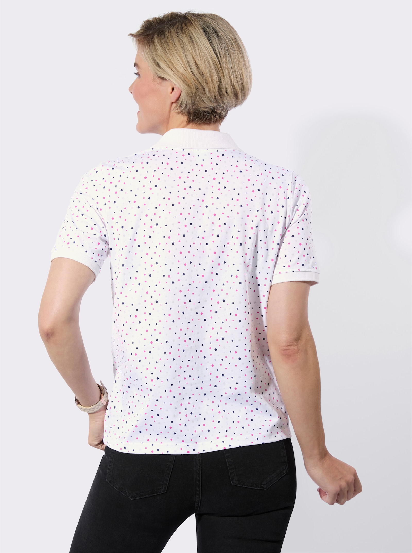 Poloshirt in stippendessin - wit/fuchsia gestippeld