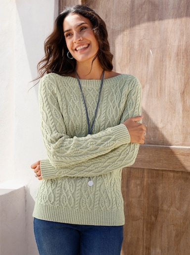 Strickpullover mit aufwendigem Zopfmuster - schilf-meliert