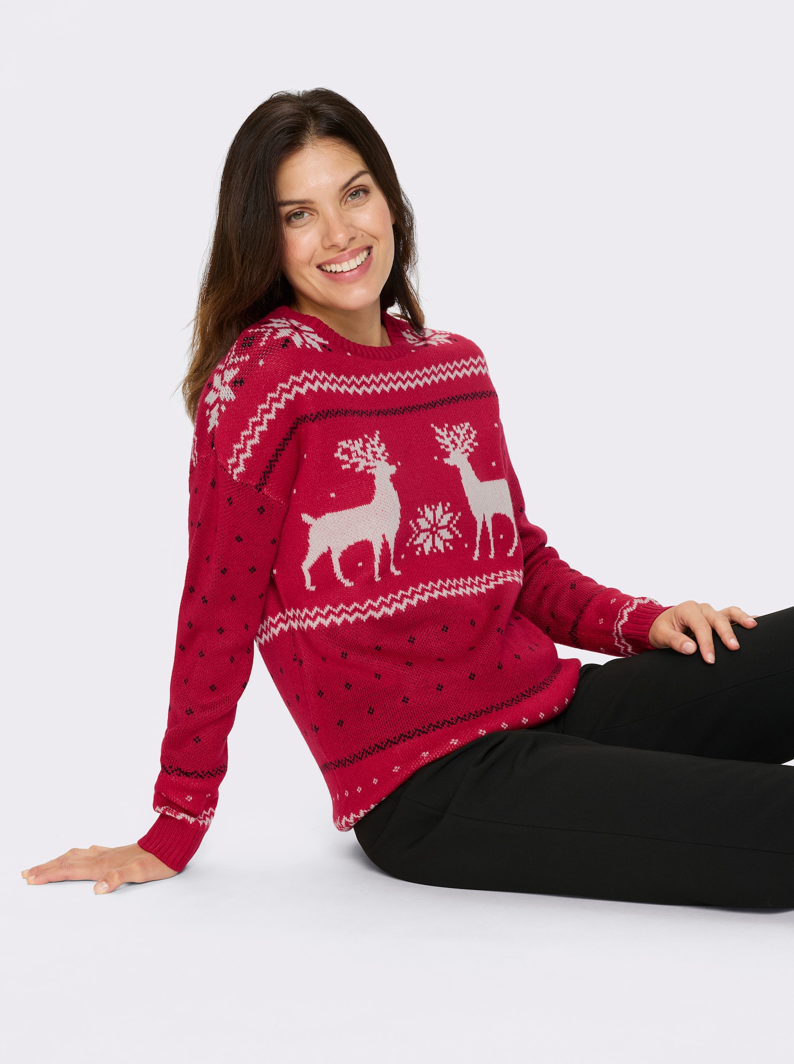 Svetr s dlouhým rukávem s motivem soba - červená-ecru-vzor