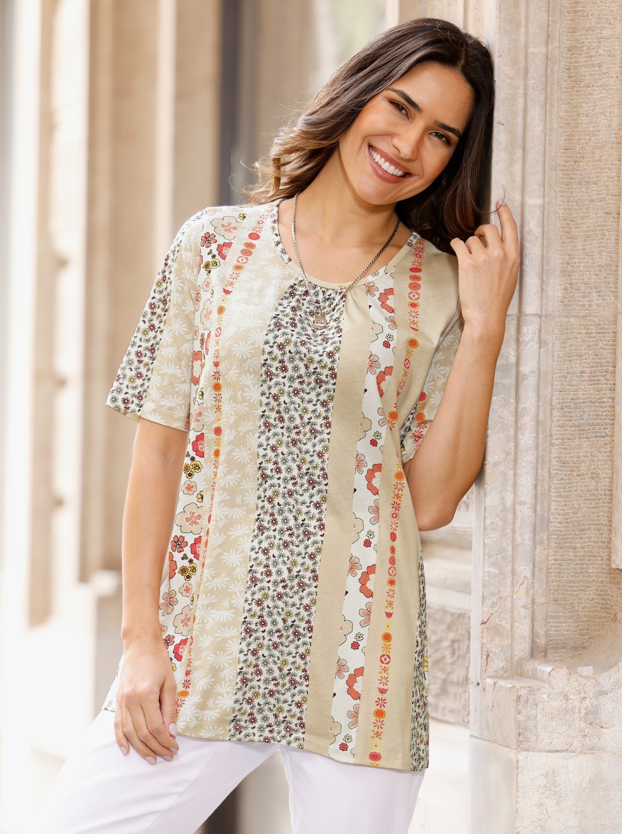 Longshirt mit Halbarm - ecru-papaya-bedruckt