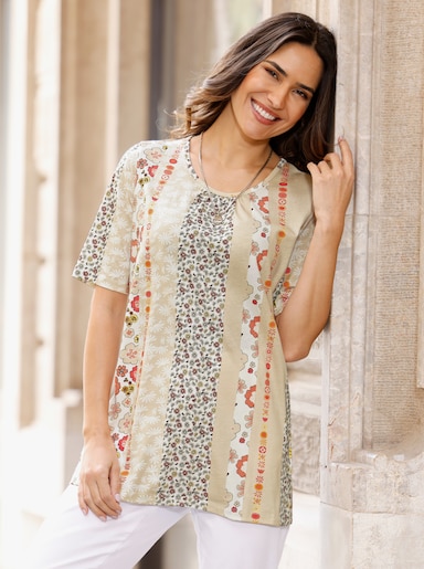 Longshirt mit Halbarm - ecru-papaya-bedruckt