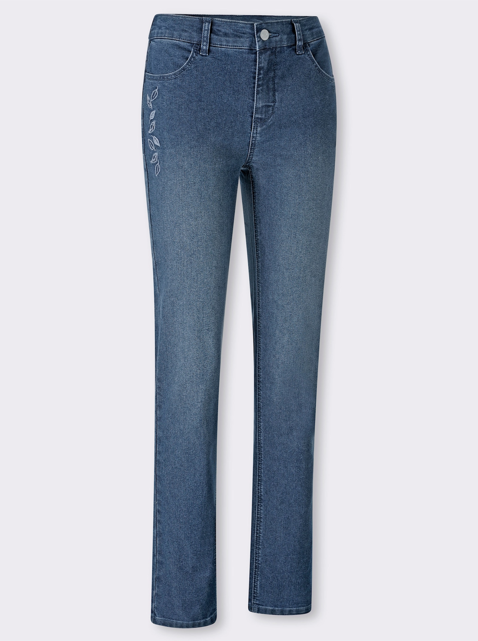 Stretch-Jeans mit ton-in-ton-farbener Stickerei - blue-stone-washed