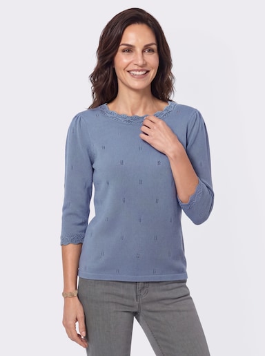 Baumwollpullover mit gewellten Abschlüssen - taubenblau