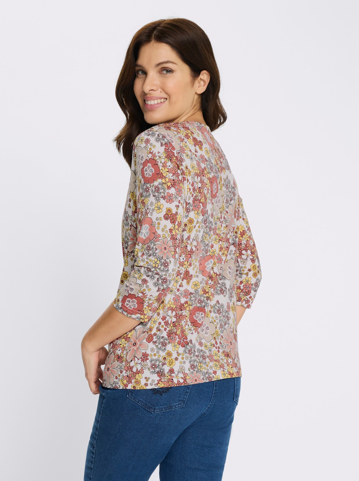3/4-Arm-Shirt mit Blütendessin - ecru-papaya-bedruckt