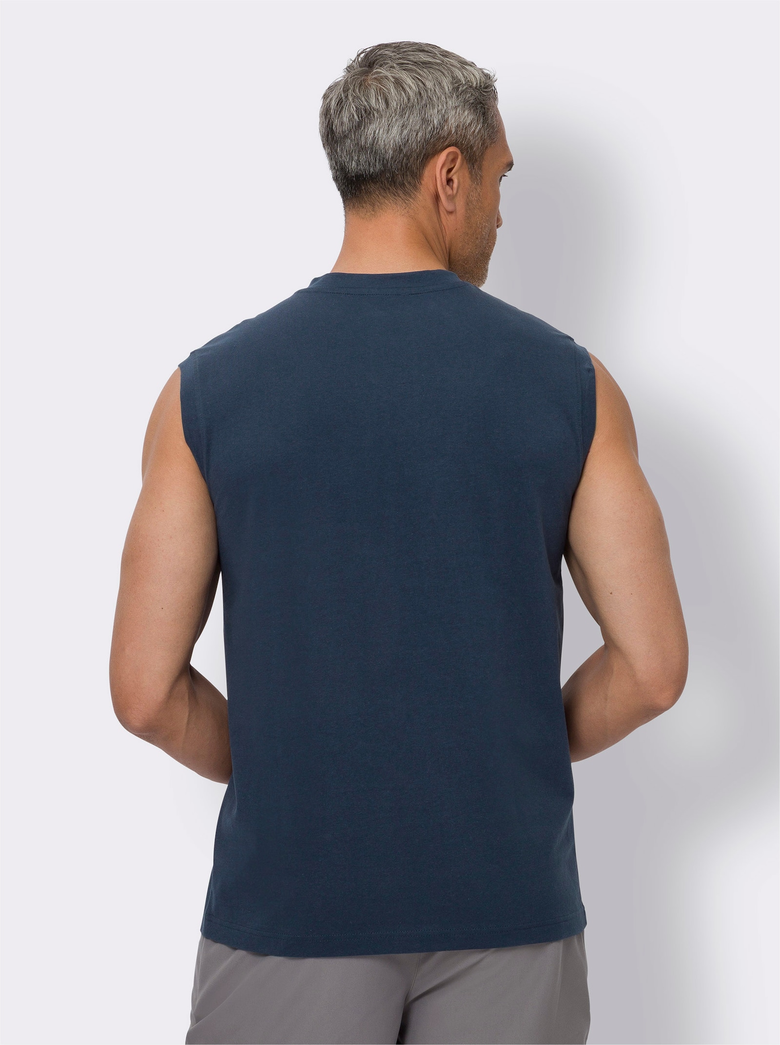 Linne med grafiskt tryck - mörkblå