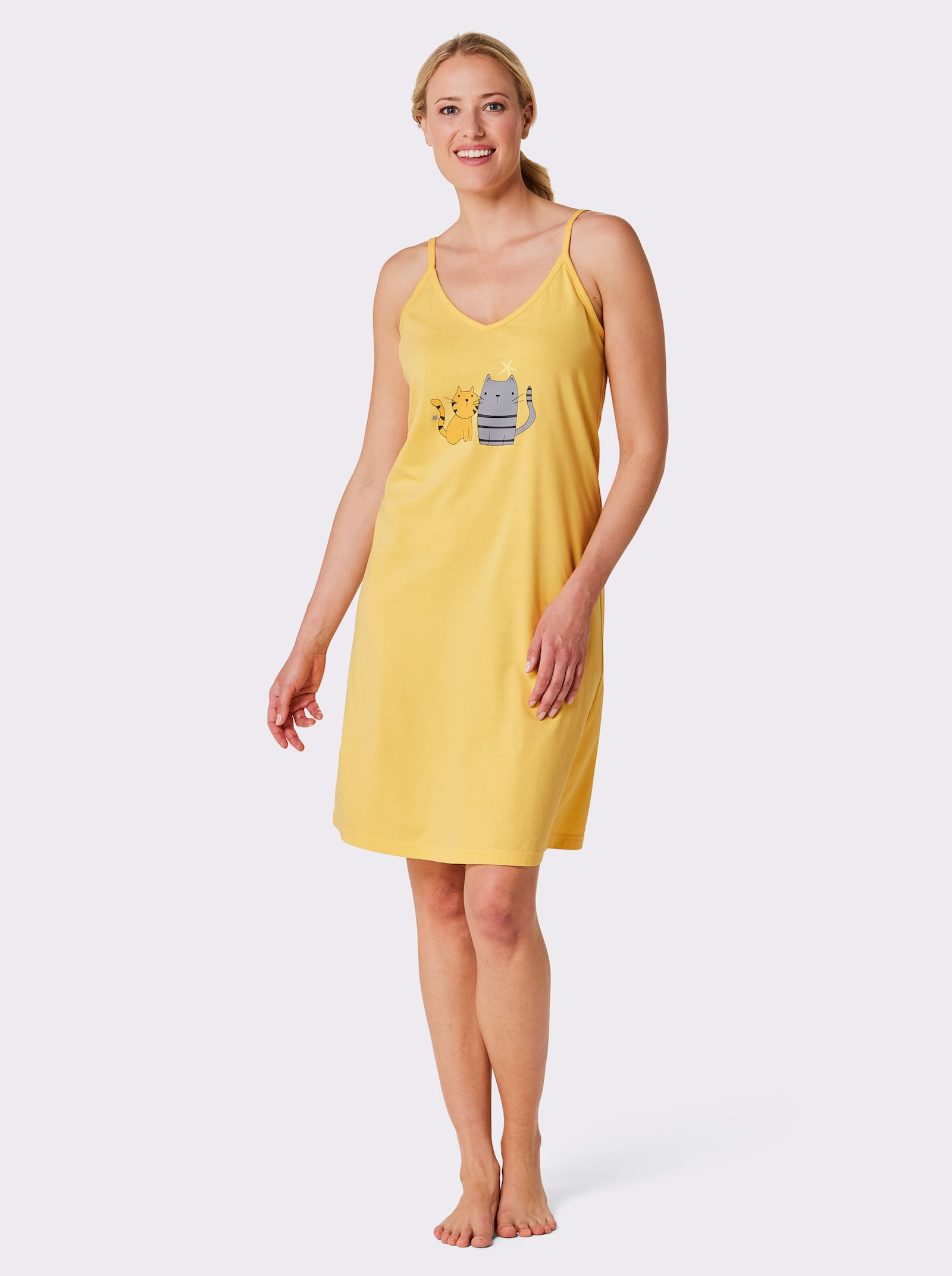 wäschepur Nachthemden met kattenprint - lichtgrijs bedrukt + geel bedrukt