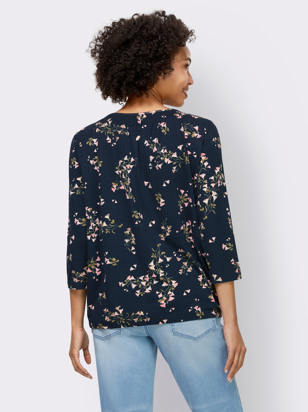 heine T-shirt à manches 3/4 - bleu foncé-couleur poudre imprimé