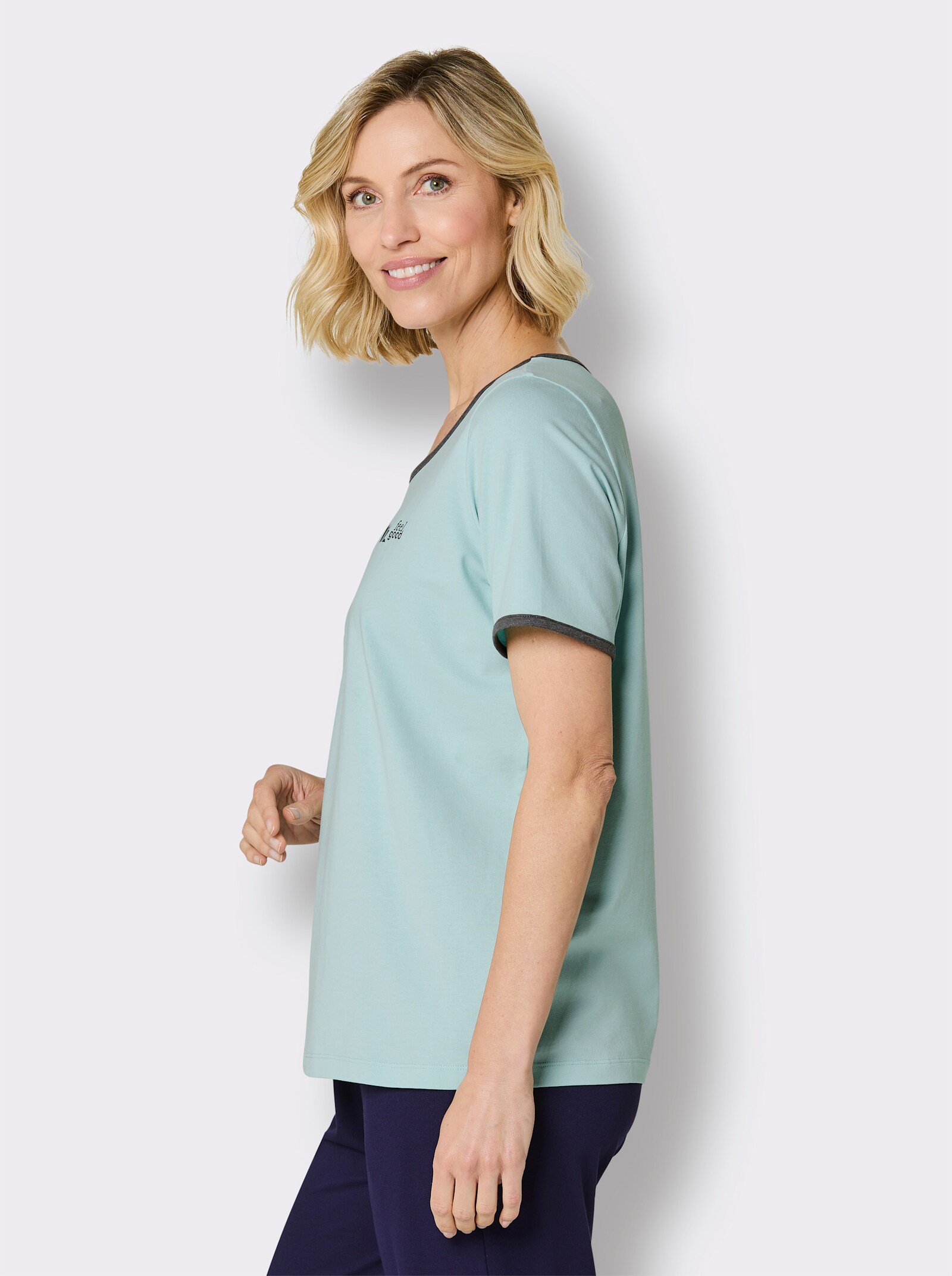 feel good Rundhalsshirt mit Logo-Aufdruck - mint-anthrazit-meliert