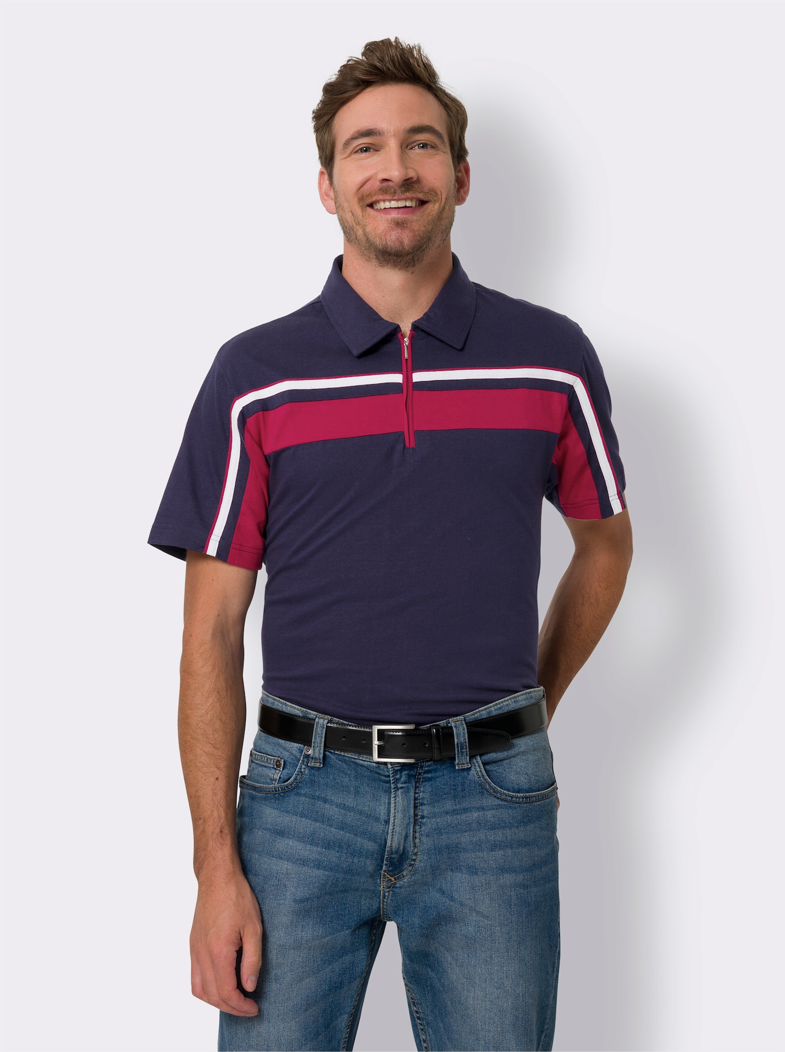 Poloshirt met korte ritssluiting - marine/rood
