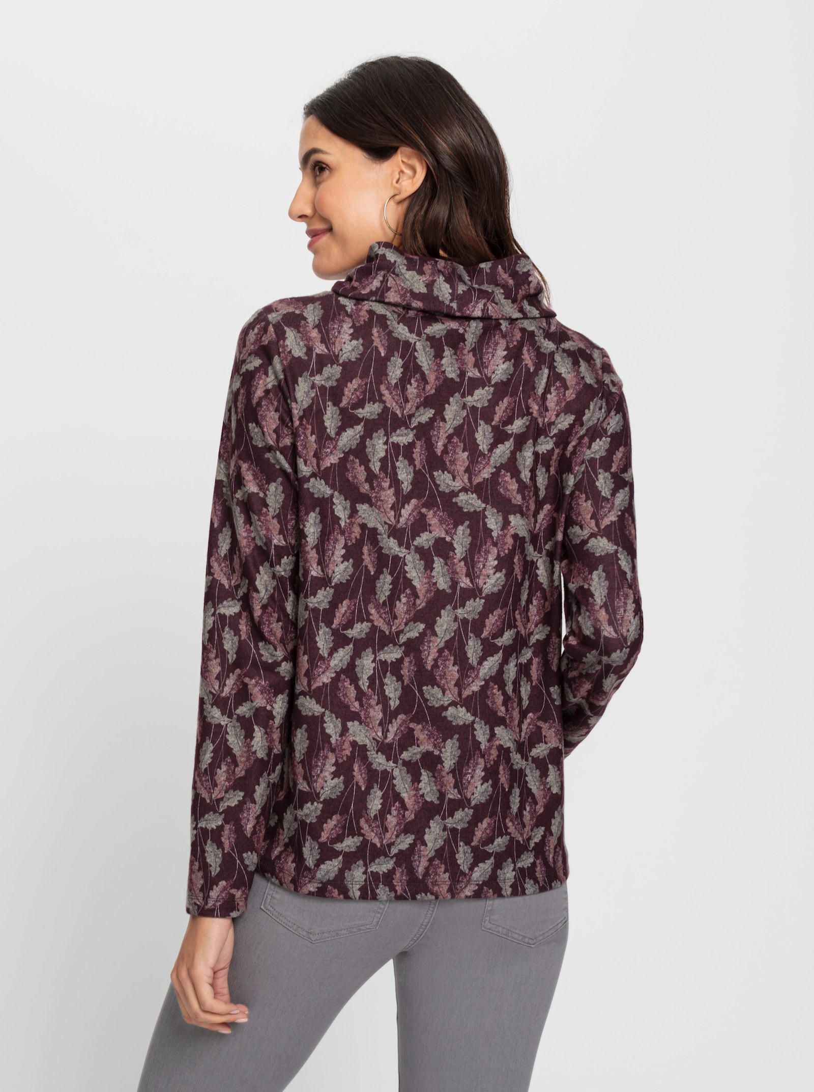 Print-Shirt mit halsfernem Rollkragen - burgund-sesam-bedruckt