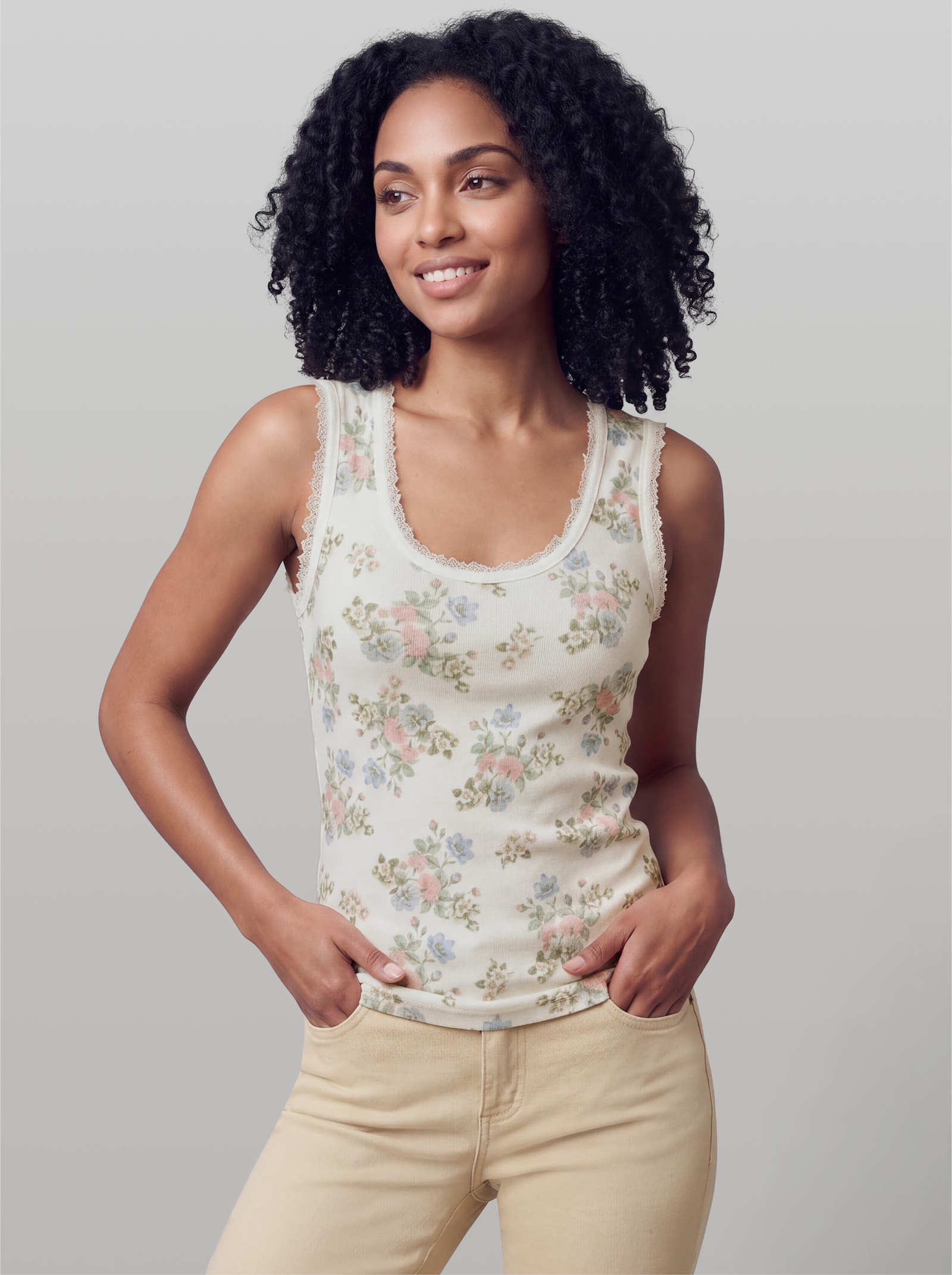 heine Shirttop mit Fransenborte - ecru-bedruckt
