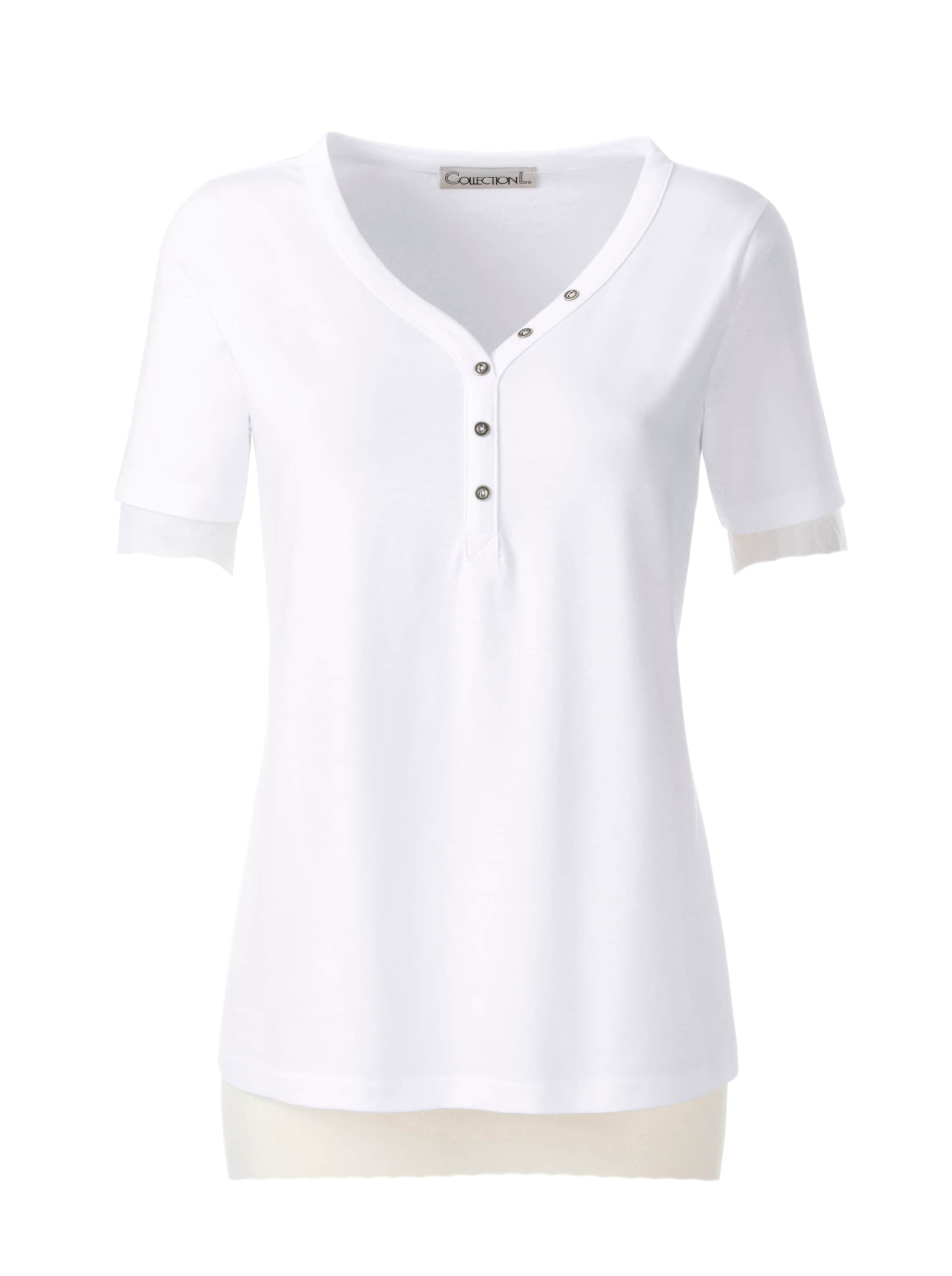 HERZ mit günstig Kaufen-Kurzarmshirt in weiß von heine. Kurzarmshirt in weiß von heine <![CDATA[Softweiches Basic! Shirt mit Knöpfchenverzierung am herzförmigen Ausschnitt.]]>. 