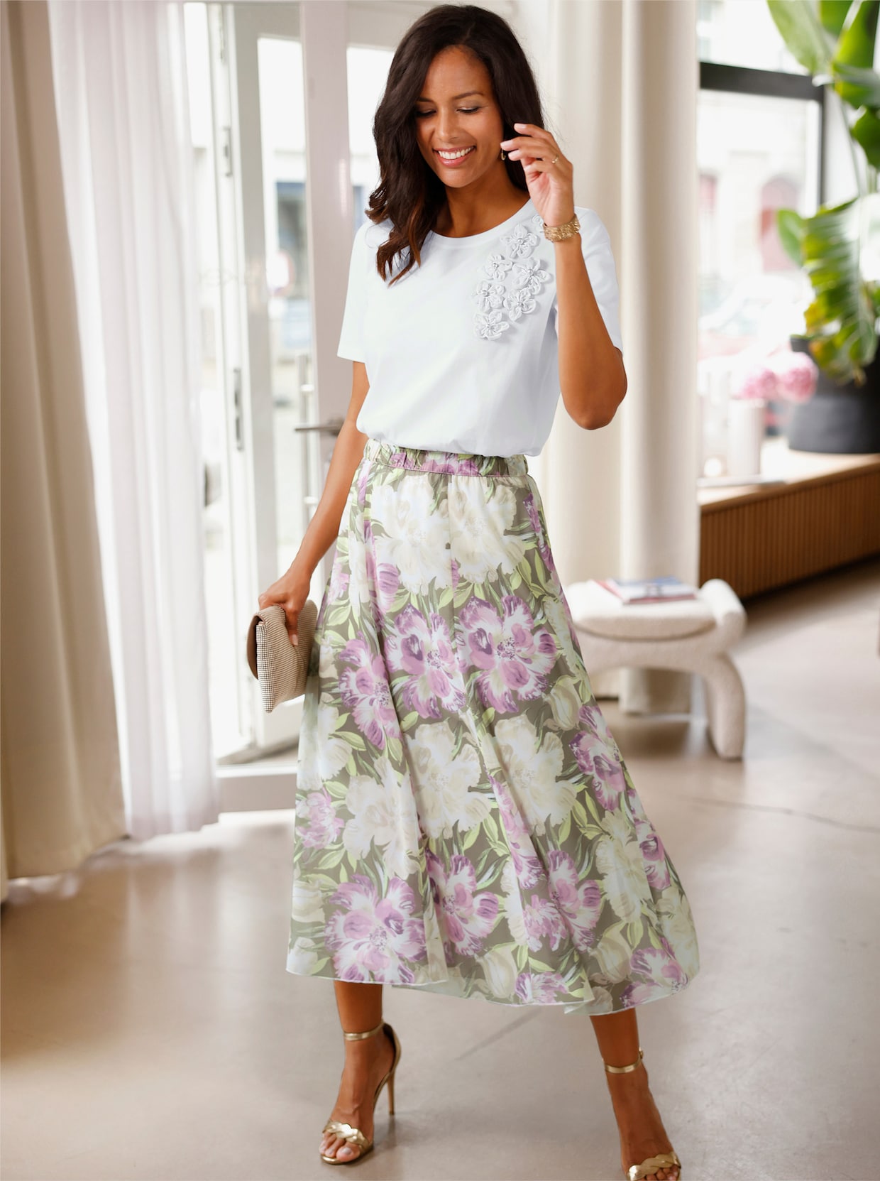 Bahnenrock in Georgette-Qualität - pistazie-orchidee-bedruckt