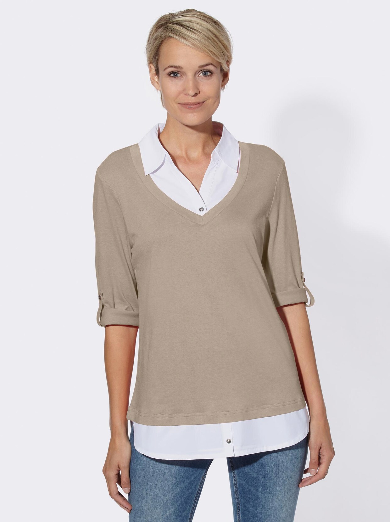 2-in-1-Shirt - taupe-weiß