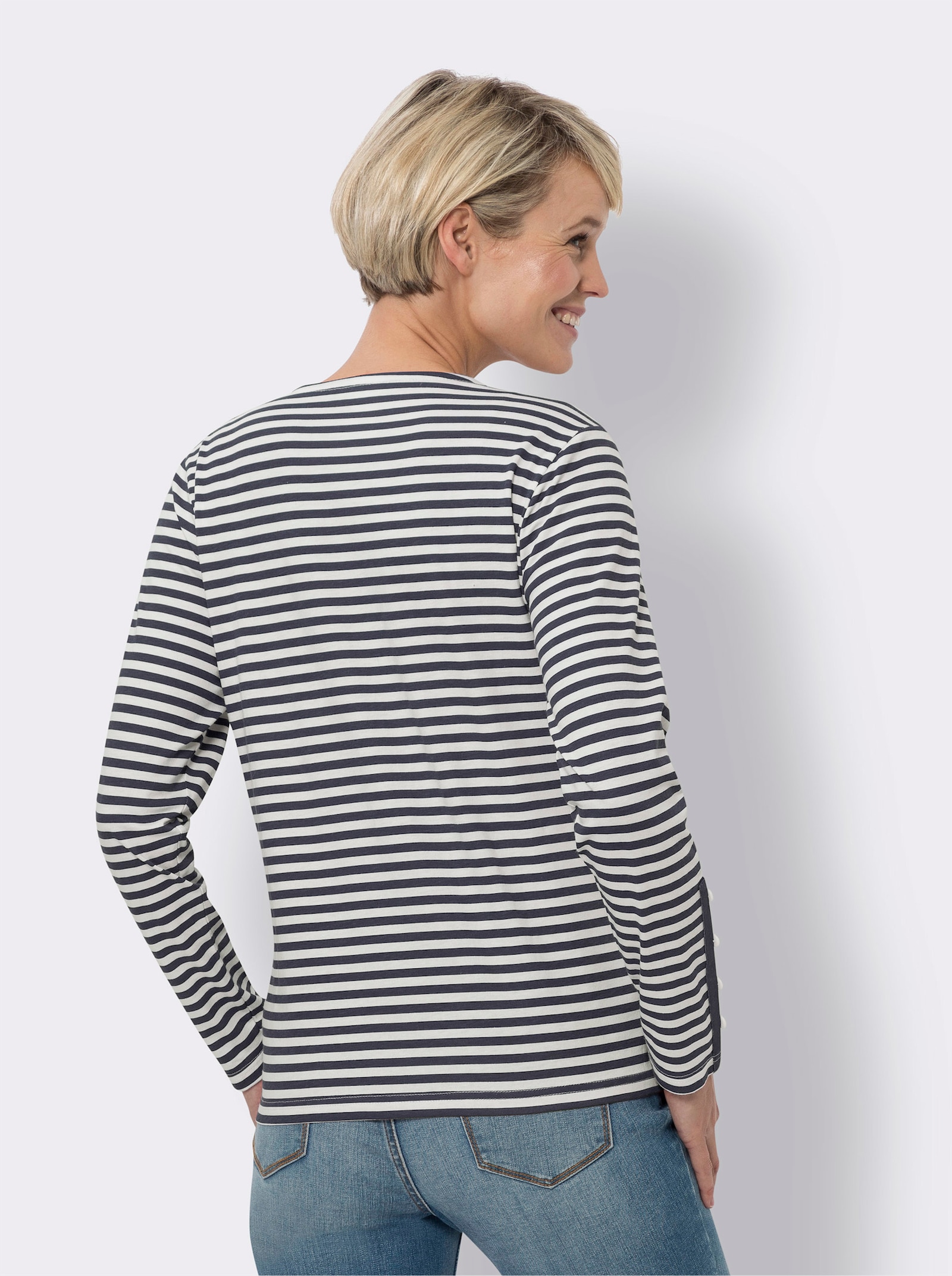 Gestreept shirt met sierknopen - marine/champagne gestreept