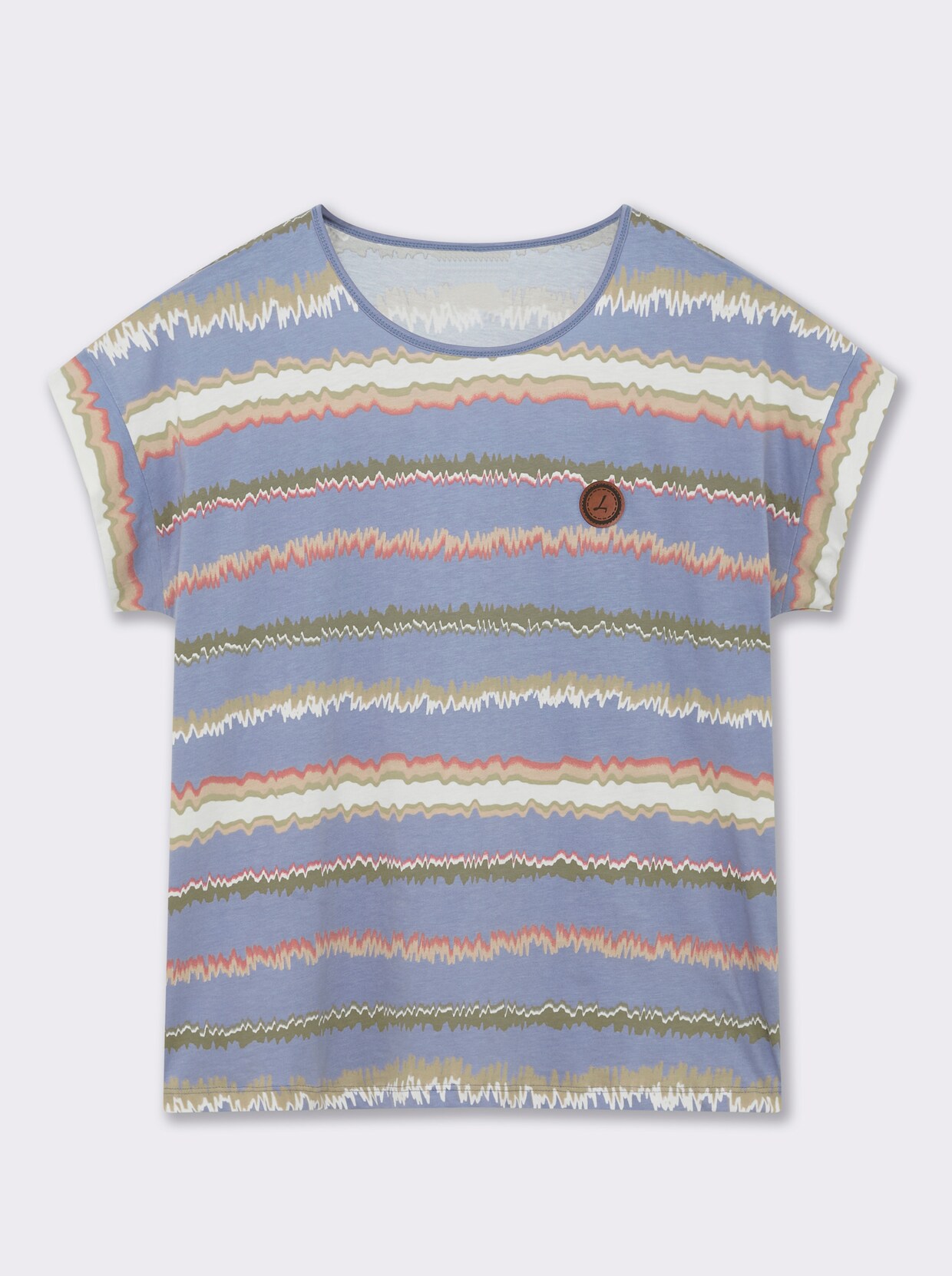 Print-Shirt mit Ziernähten, geringelt - taubenblau-ecru-bedruckt