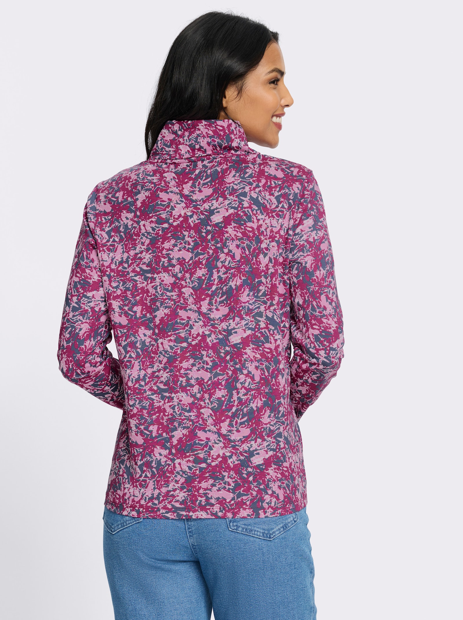 Rollkragenshirt im floralen Dessin - rauchblau-erika-bedruckt