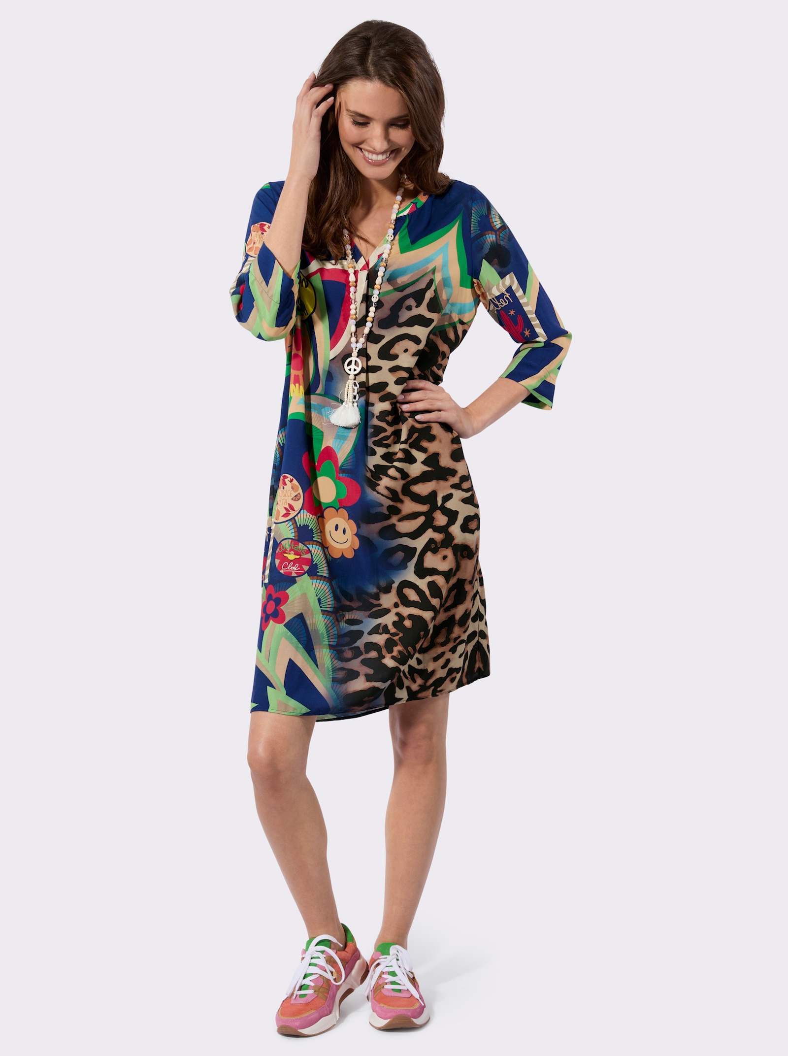 Tunikakleid im Muster-Mix - grasgrün-royalblau-bedruckt