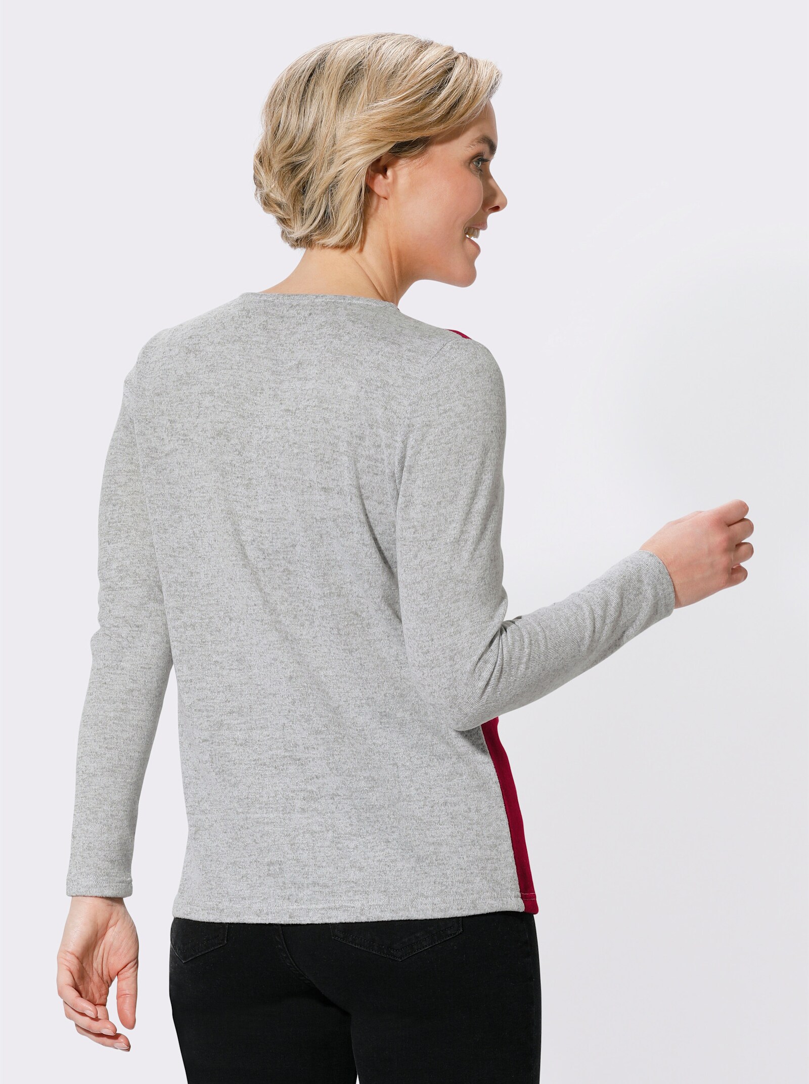 Langarmshirt in leicht angerauter Qualität - grau-rot-gemustert