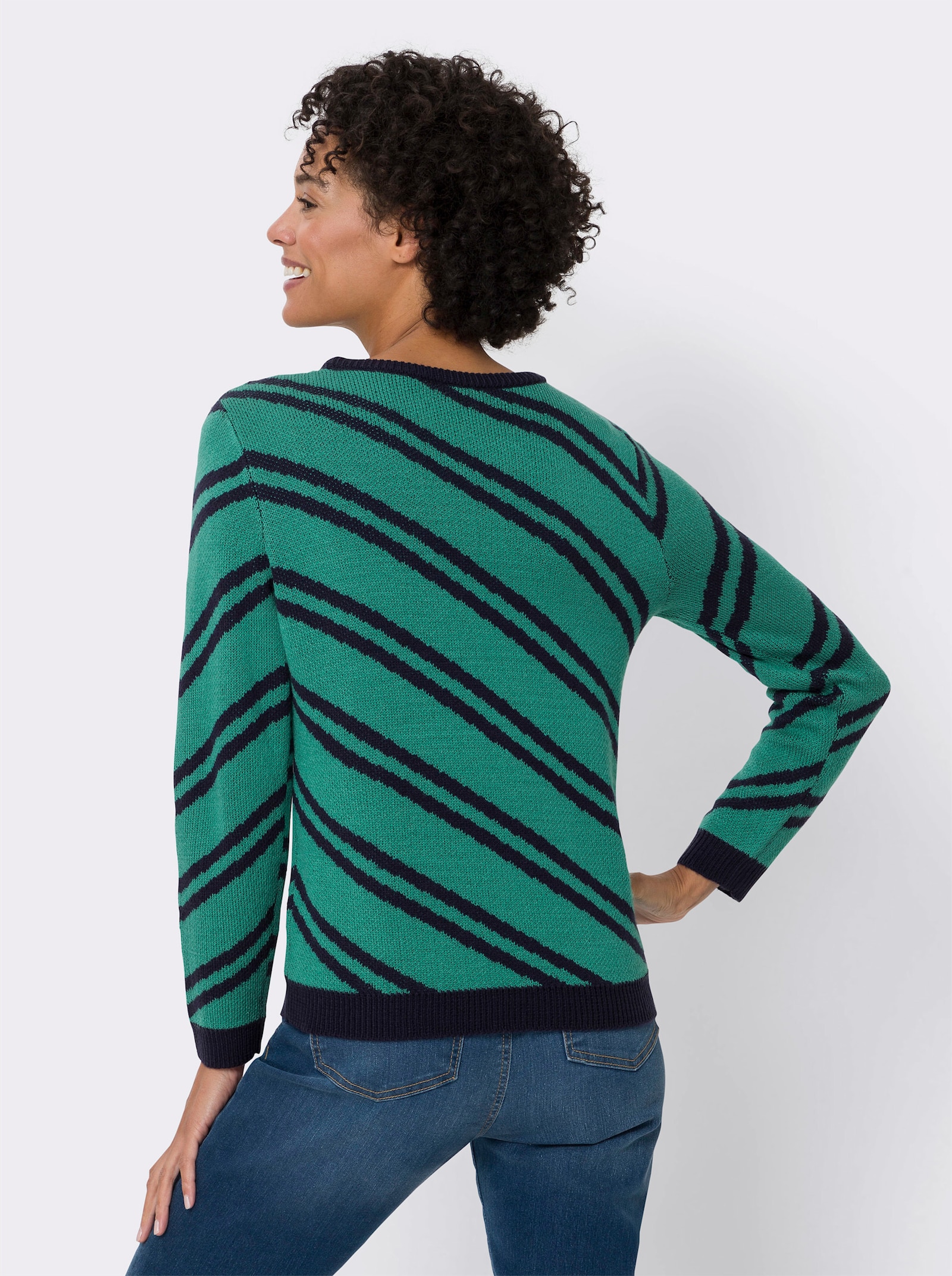 Langarm-Pullover mit diagonalen Streifen - marine-smaragd-gestreift