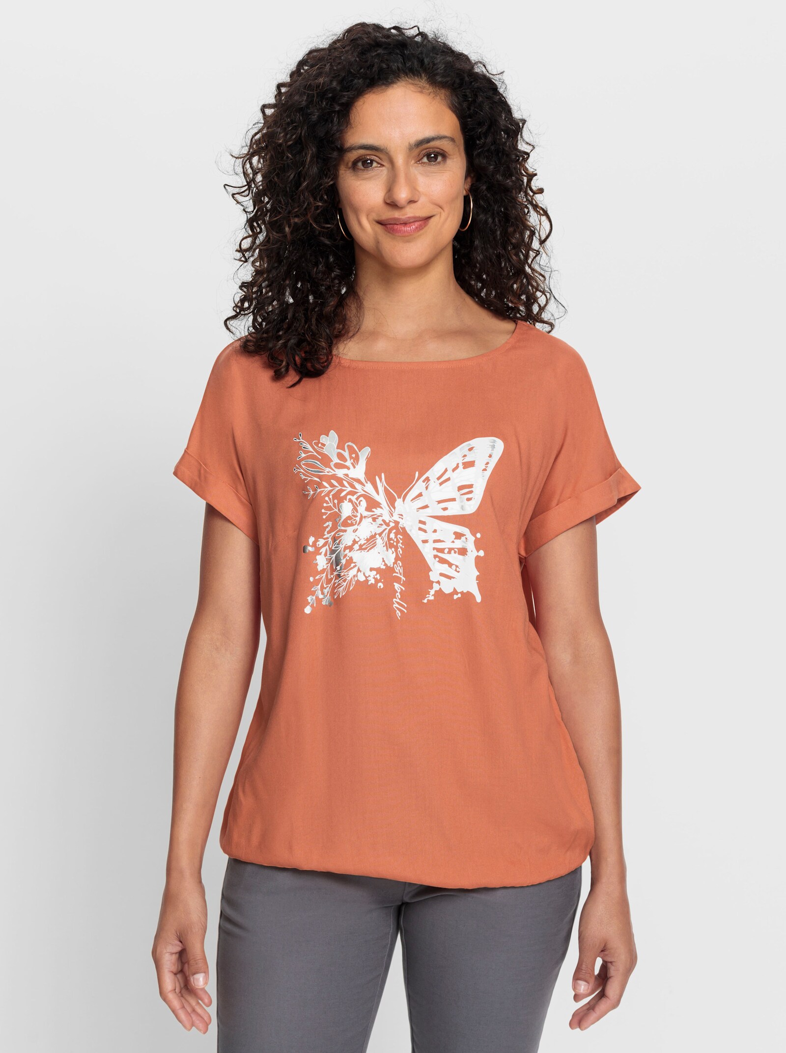 Schlupfbluse mit Schmetterlingsmotiv - papaya