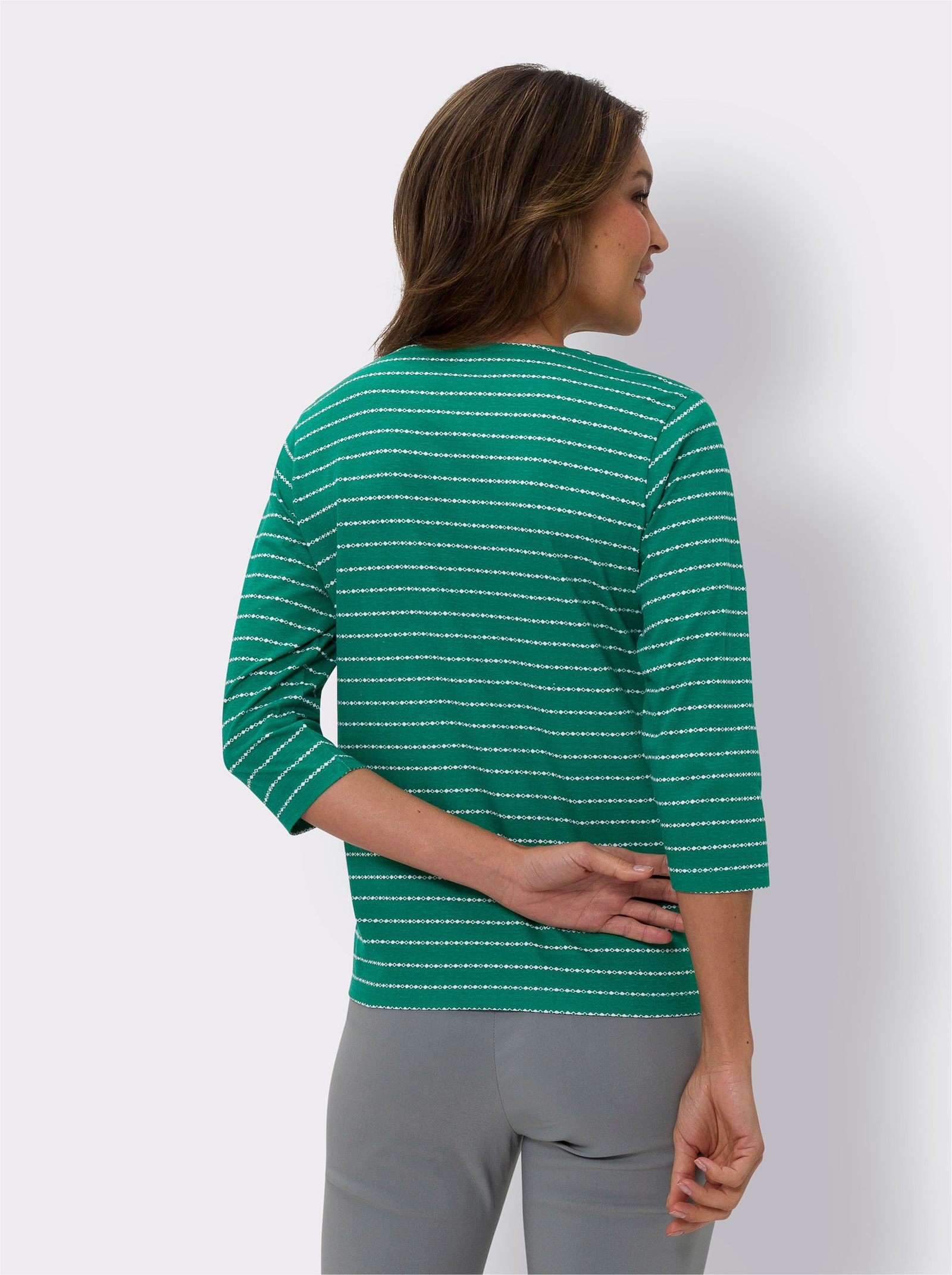 Rundhalsshirt mit dezentem Streifenmuster - grün-ecru-bedruckt