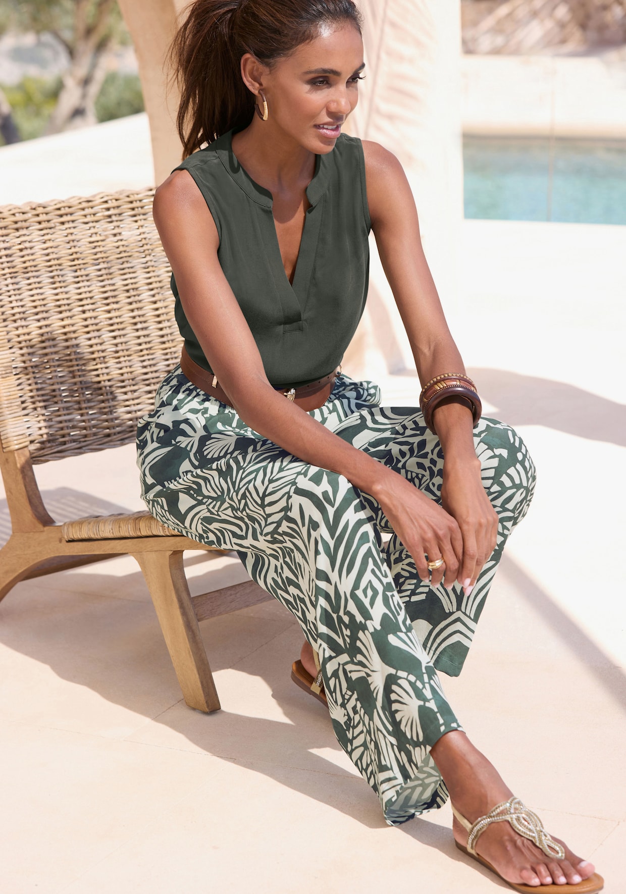 LASCANA Pantalon - vert-crème imprimé