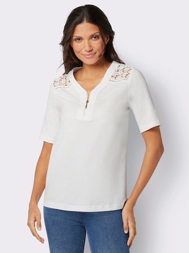 Kurzarmshirt mit floraler Spitze - ecru