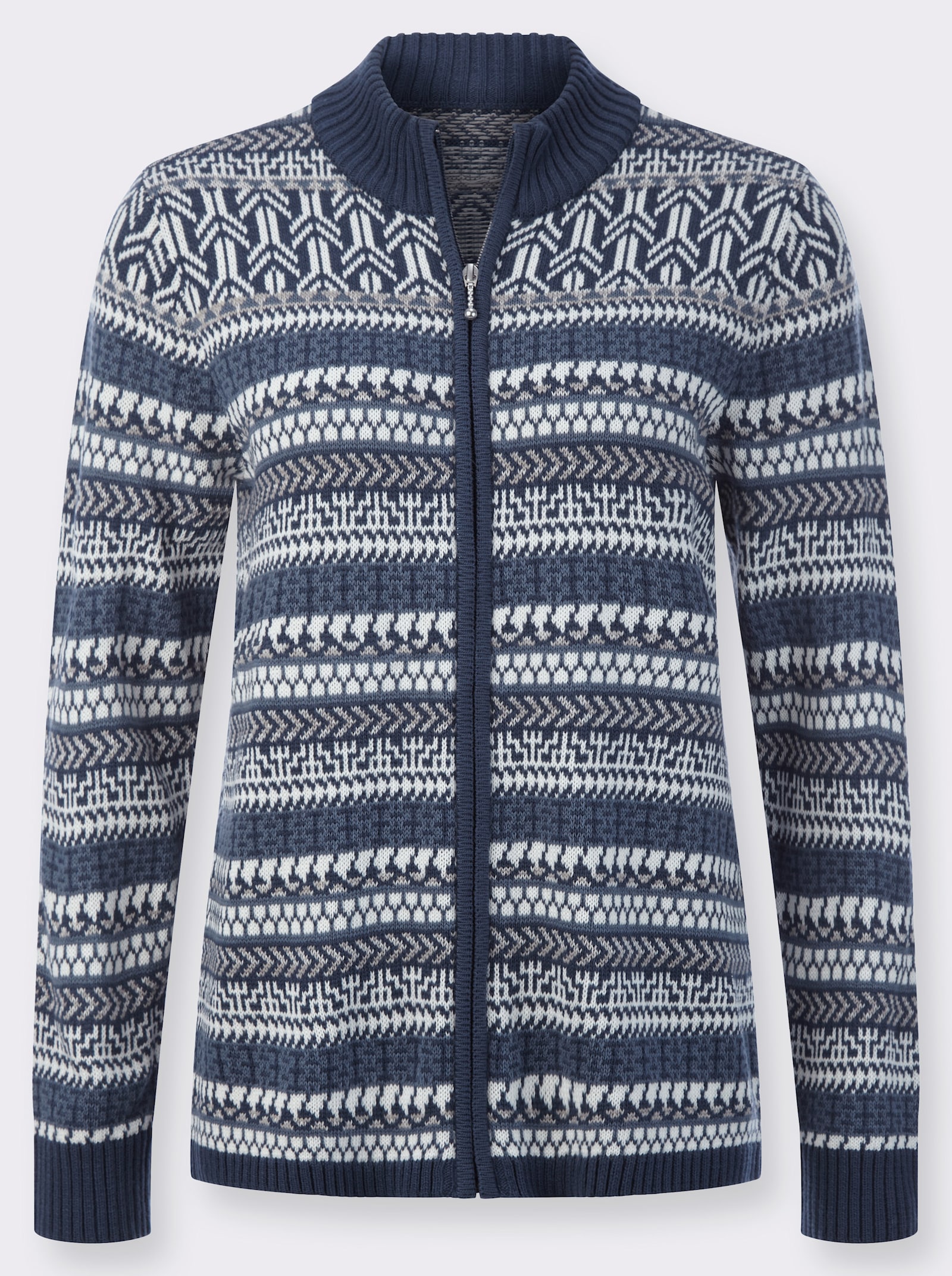 Strickjacke mit Norweger-Muster - dunkelblau-ecru-gemustert