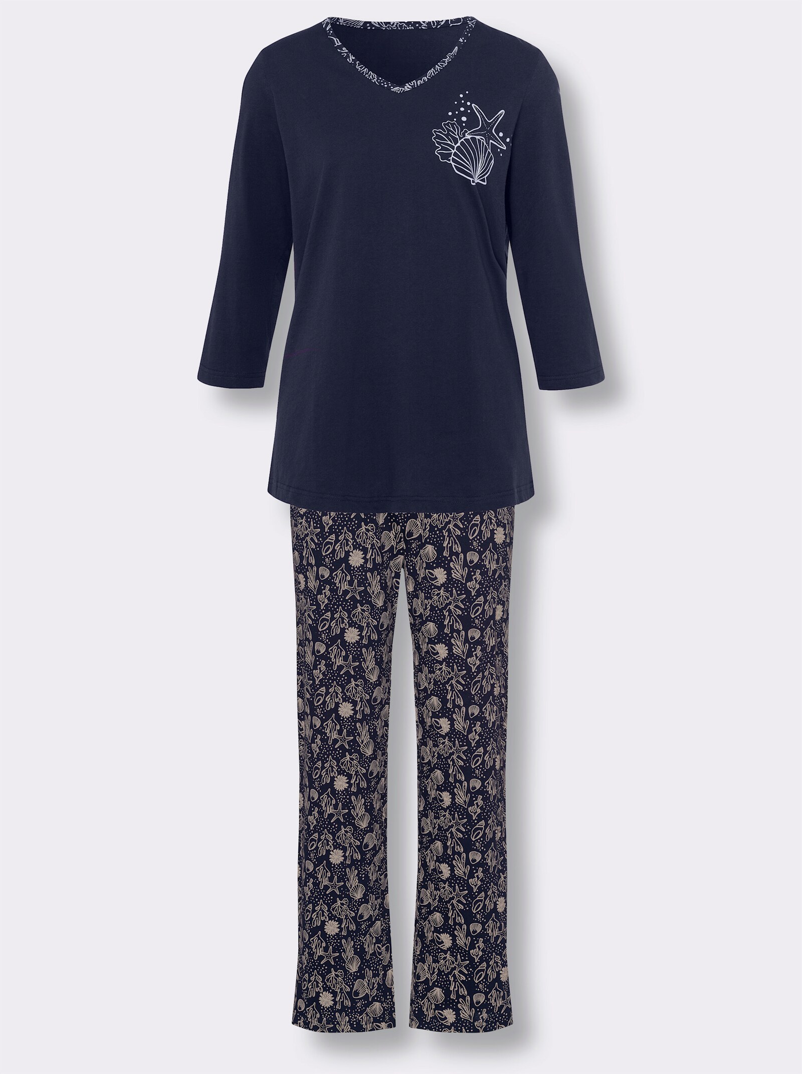 Pyjama met schelpenpatroon - marine/beige geprint