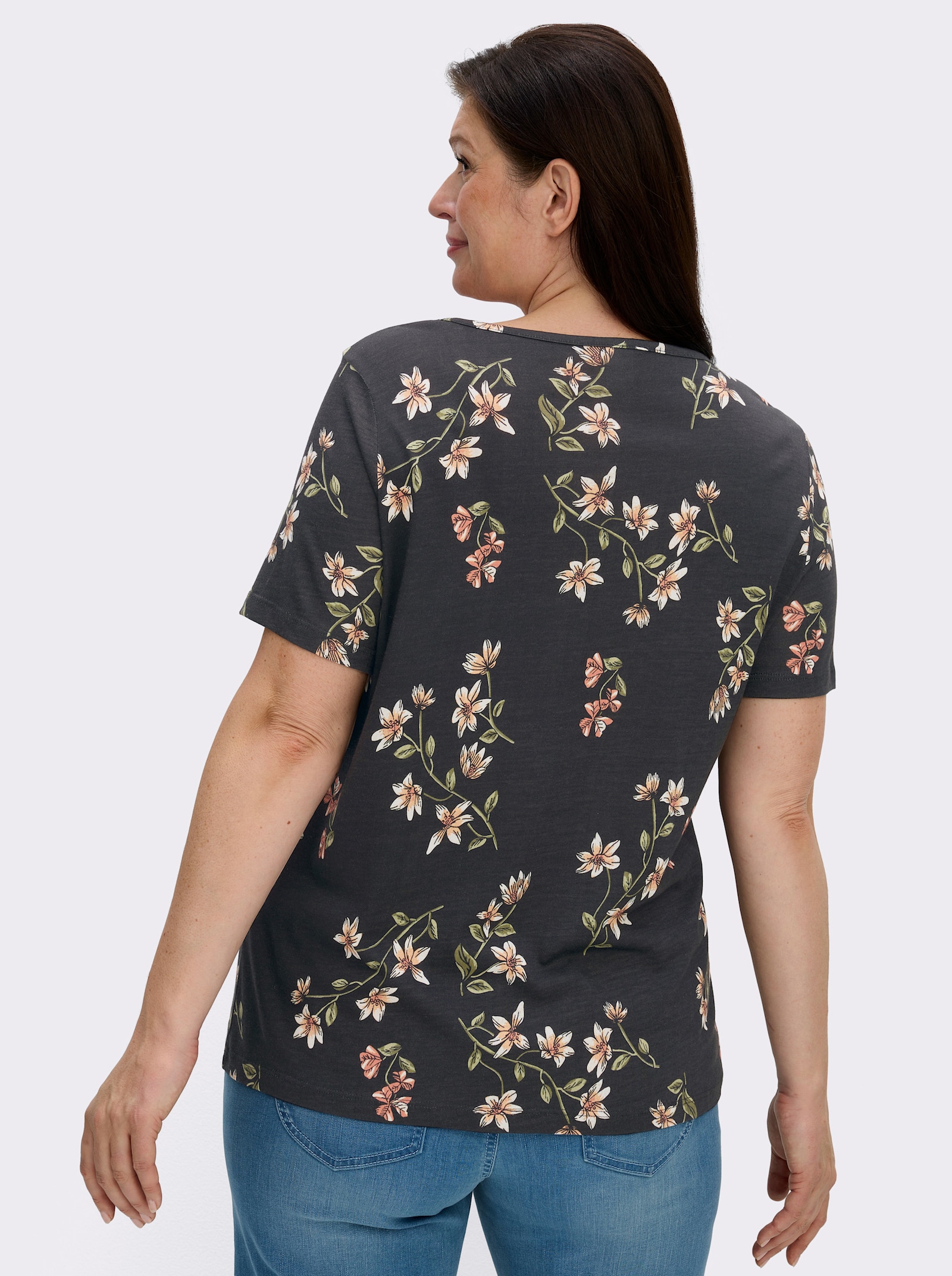 Kurzarmshirt mit Reißverschluss am Ausschnitt - schwarz-ecru-bedruckt