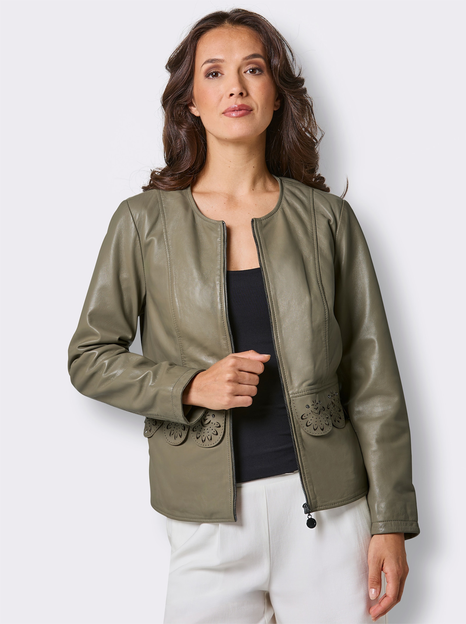 Mainpol Lederblazer mit Spitzen-Optik - schlamm