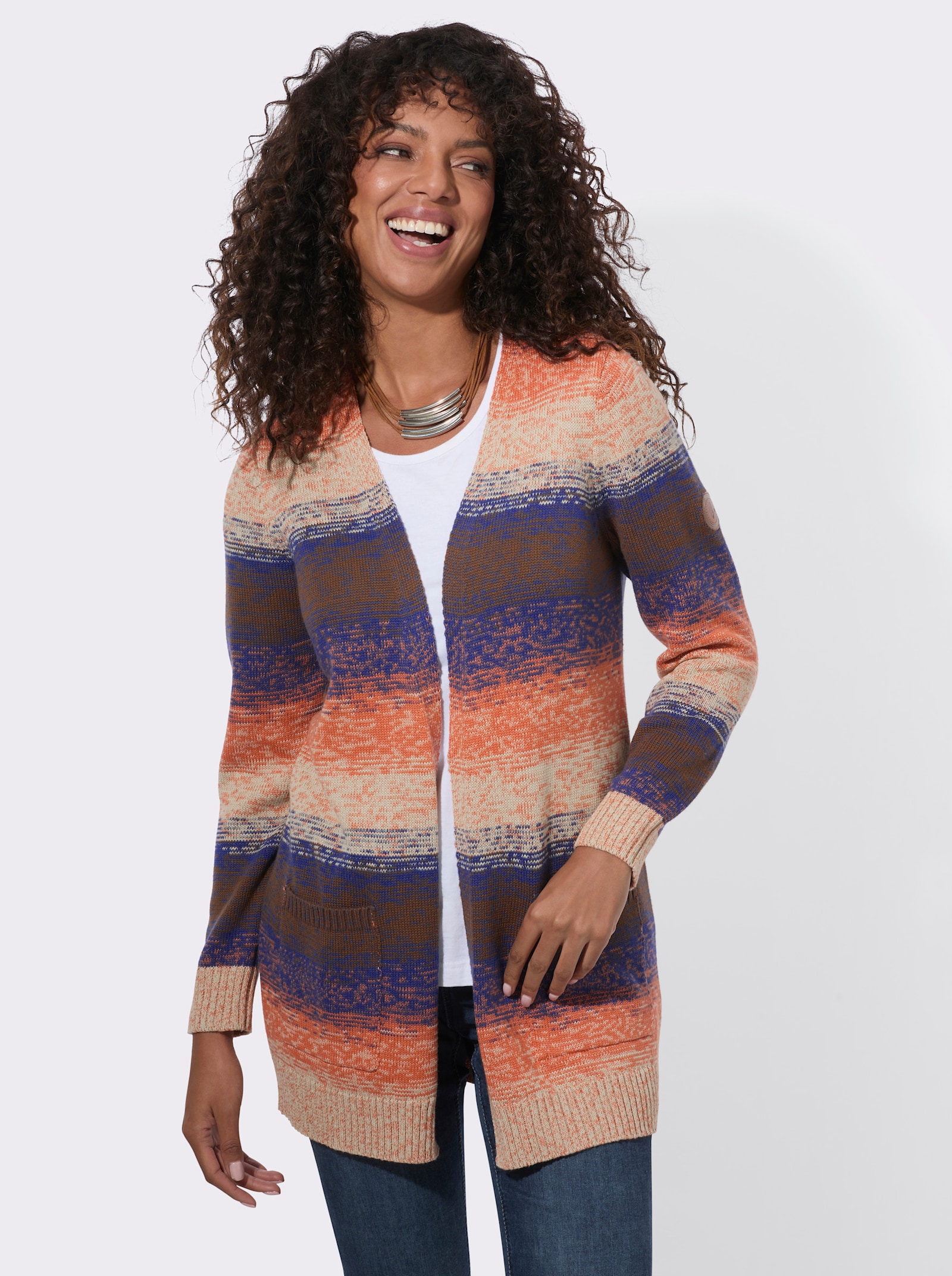  Longstrickjacke in verschlussloser Form - jeansblau-sand-meliert
