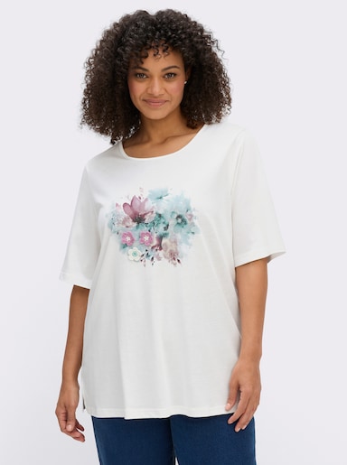 sheego Shirt mit aufgenähten Häkelblumen - ecru-eisblau-bedruckt