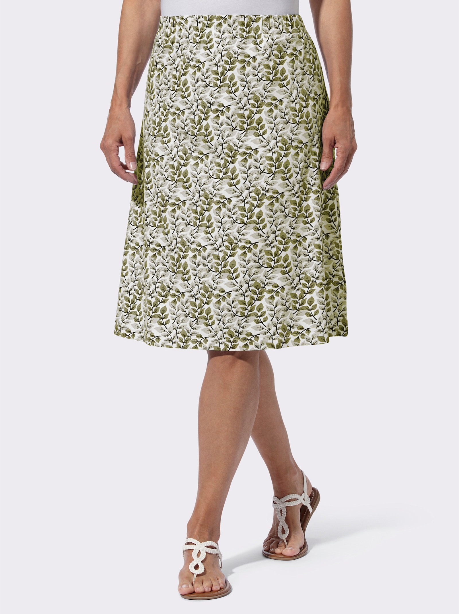 Schlupfrock mit Rundum-Dehnbund - ecru-oliv-bedruckt