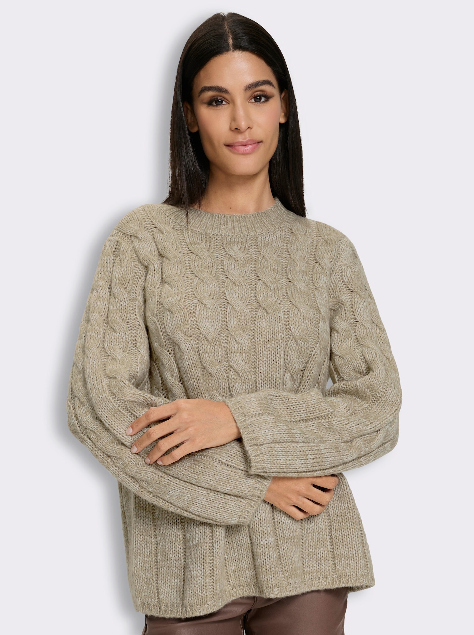 heine Strickpullover mit Zopfmuster - ecru-sesam-meliert