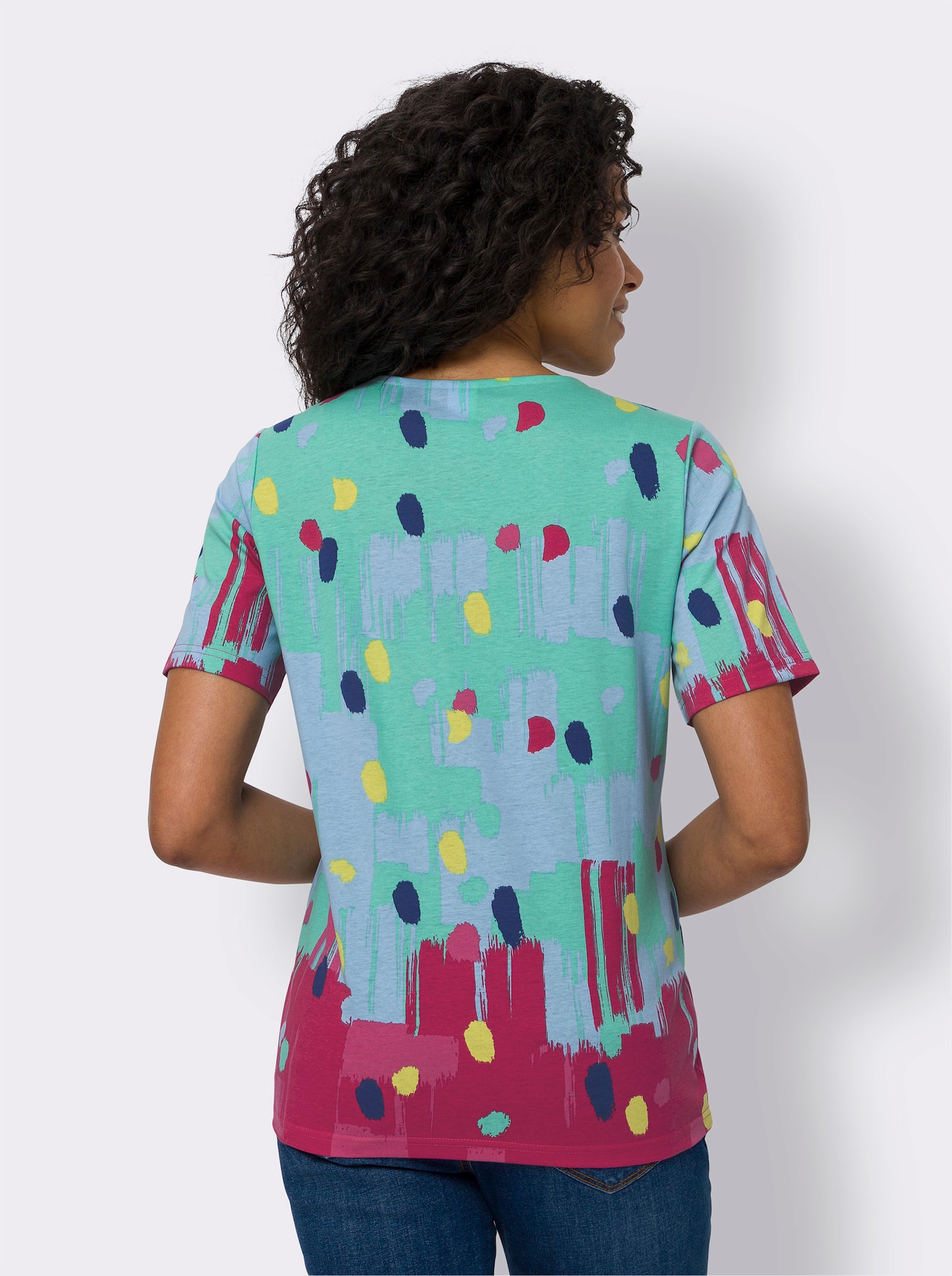 Kurzarmshirt mit Tupfen-Druck - blaugrün-pink-bedruckt