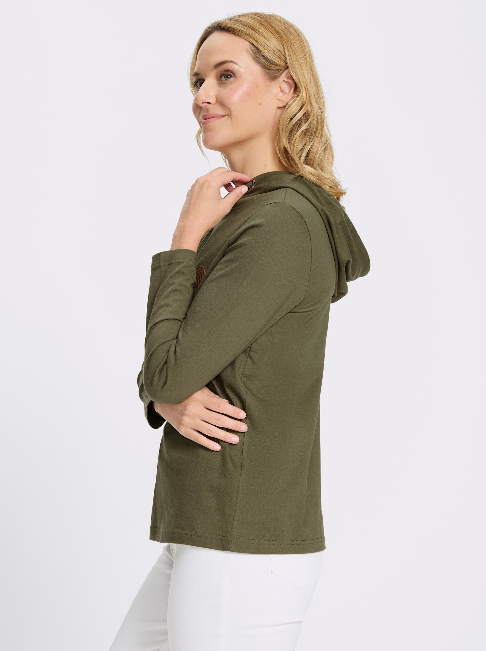 Kapuzenshirt mit Lederimitat-Patch vorne - oliv