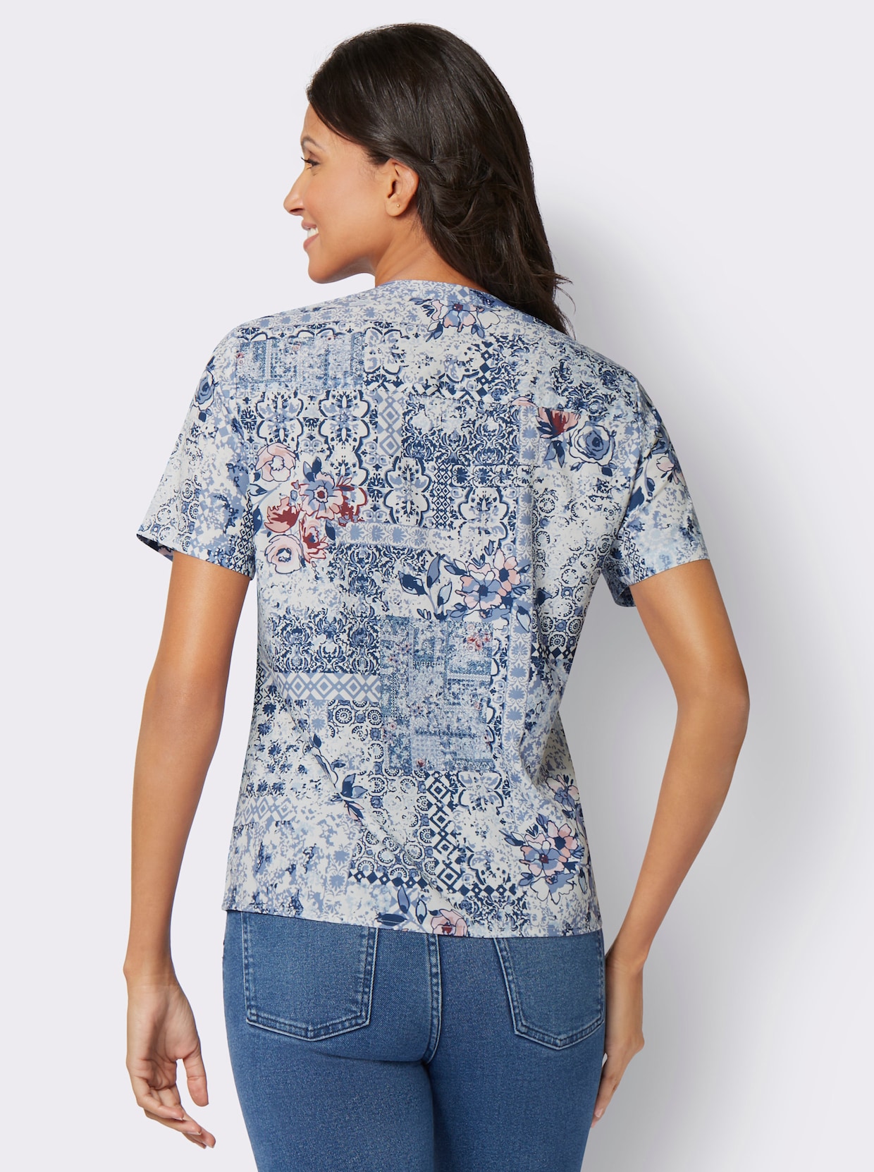 Comfortabele blouse - ecru/duivenblauw bedrukt