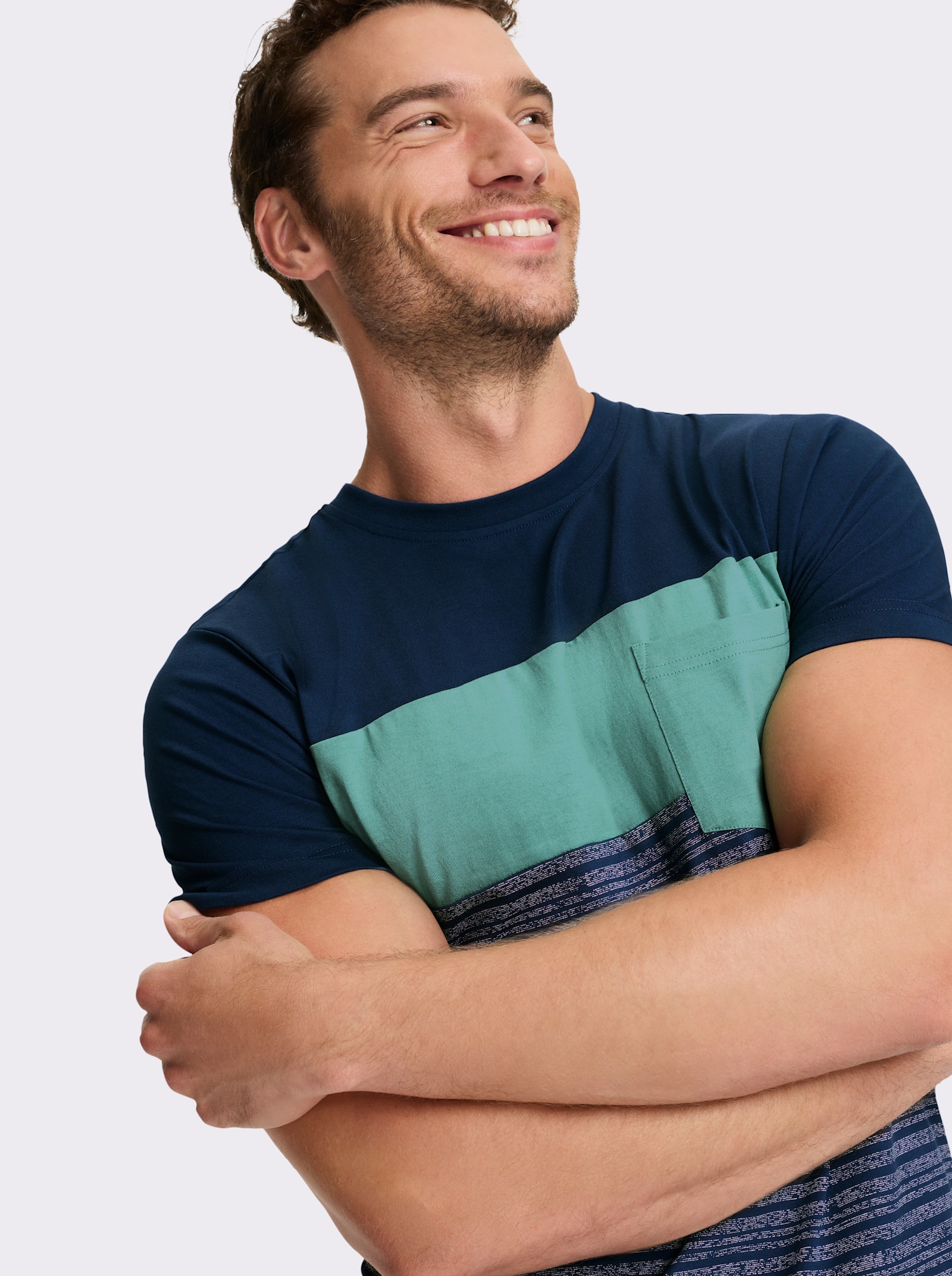 Catamaran Kurzarmshirt mit geripptem Ausschnitt - dunkelblau-salbei-gestreift