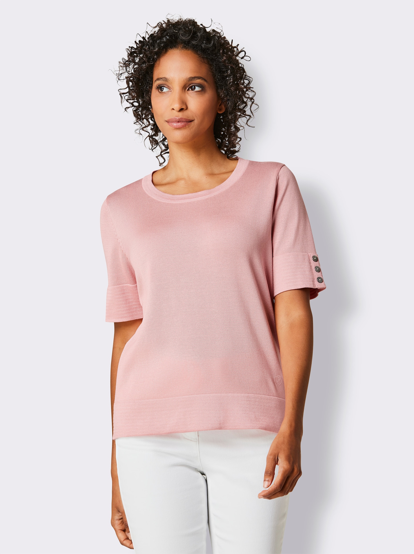 CREATION L PREMIUM Kurzarmpullover mit Glanzgarn-Abschlüssen - rosenquarz