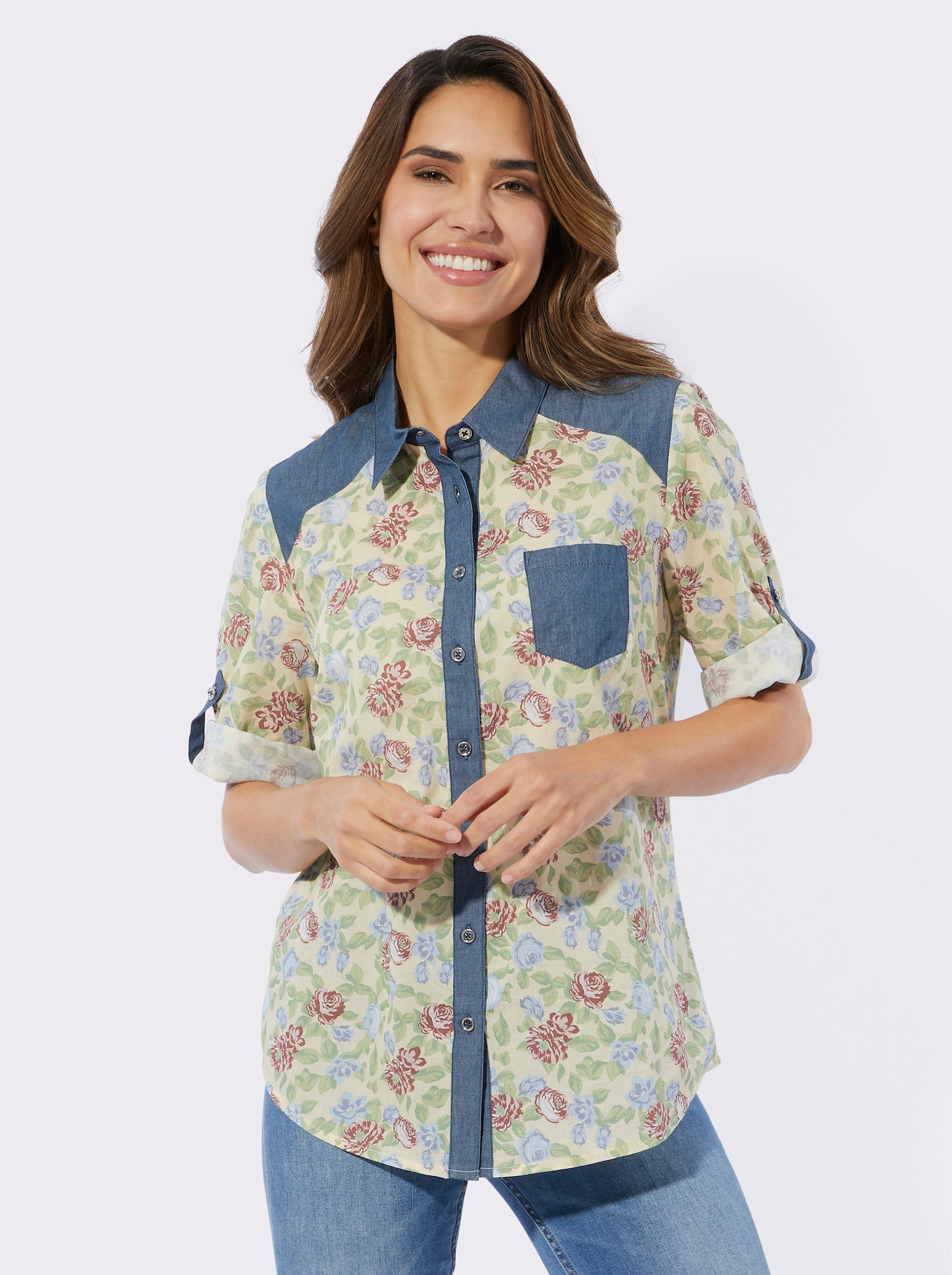 Blouse met print met jeansaccenten - vanille/lindegroen bedrukt