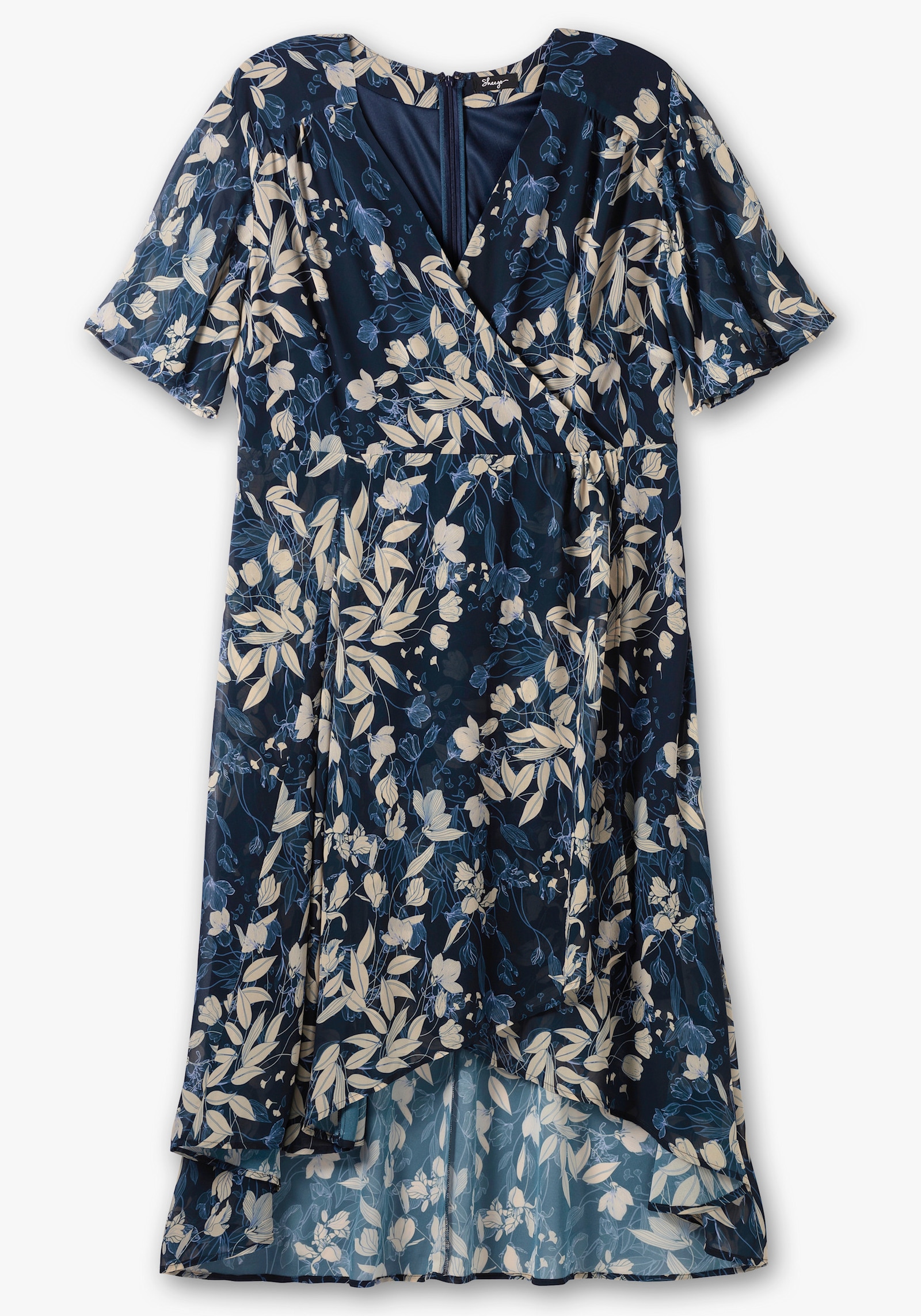 sheego Chiffonkleid in Wickeloptik, mit Blätterprint - nachtblau-gemustert