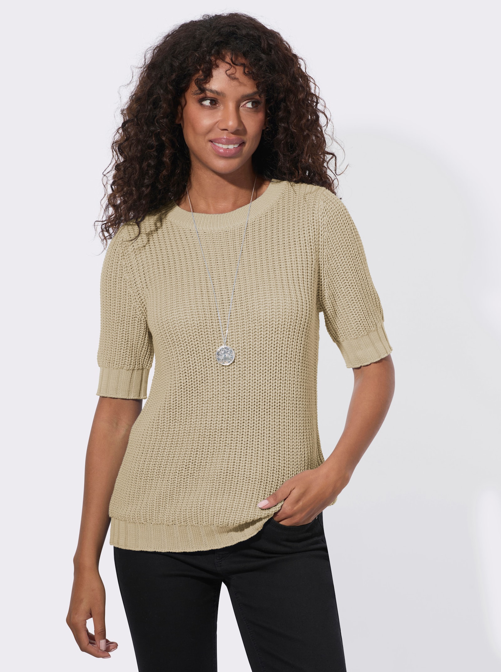 Kurzarmpullover mit Strickmuster - sand