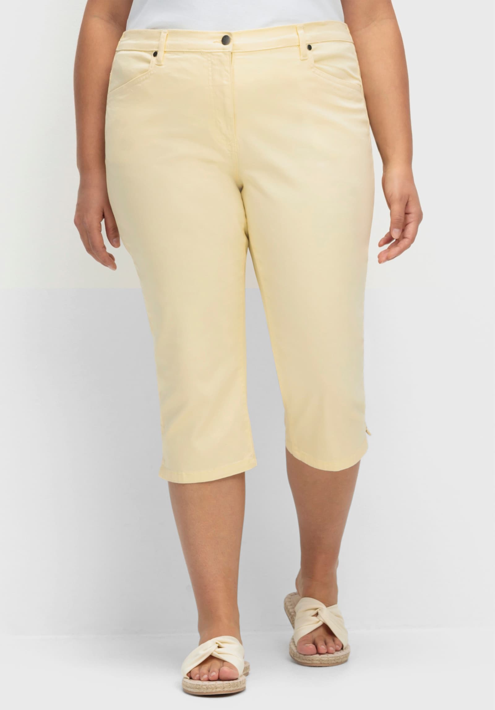 Caprijeans mit glitzerndem Katzenmotiv - vanillegelb