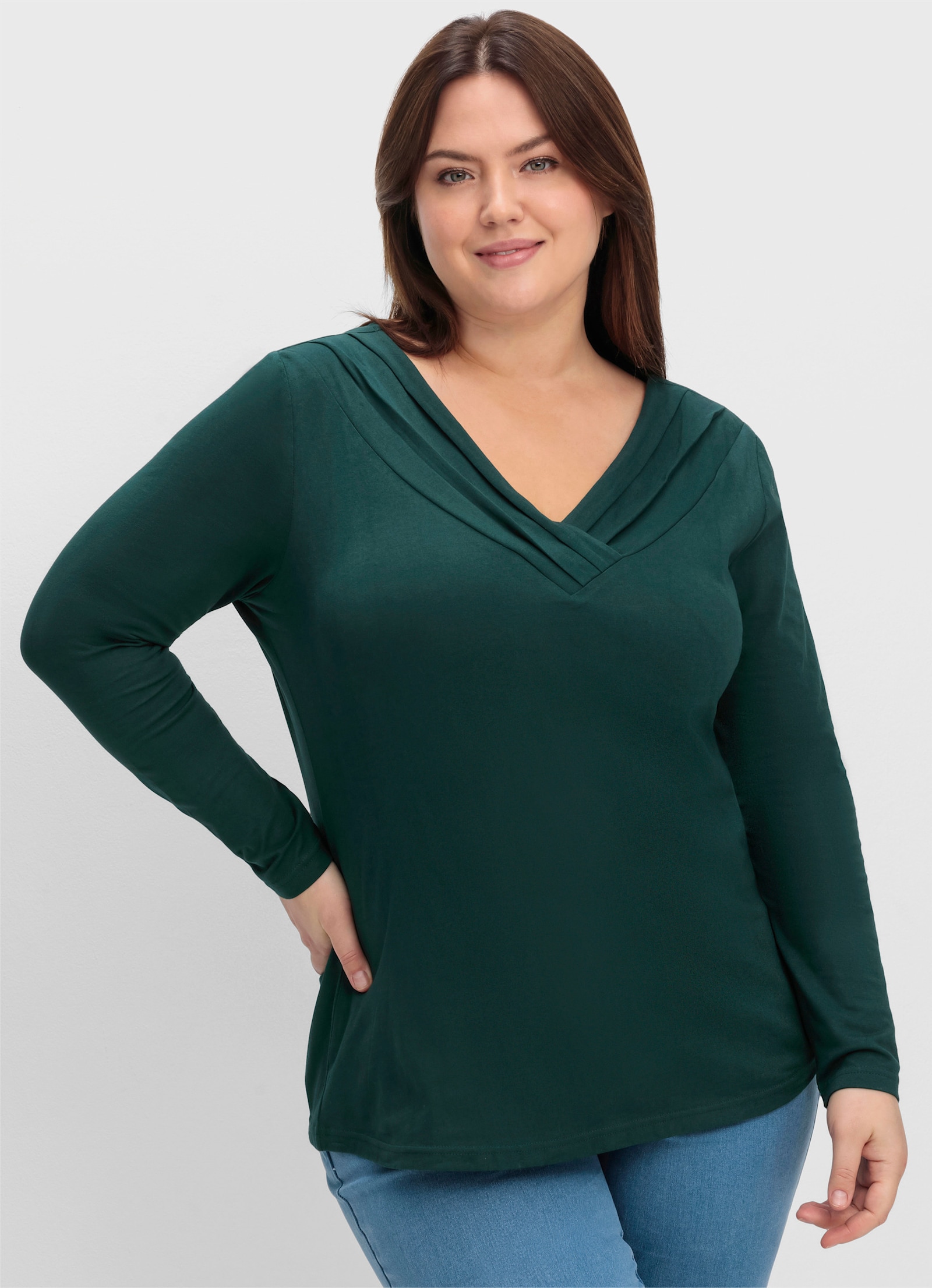 sheego by Joe Browns Langarmshirt mit V-Ausschnitt - tiefgrün